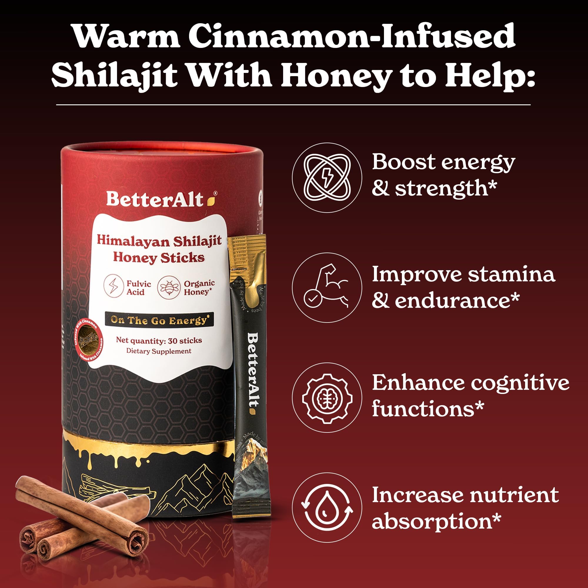 Better Alt Shilajit Cannelle Miel: gros plan sur la texture riche pour une utilisation agréable.