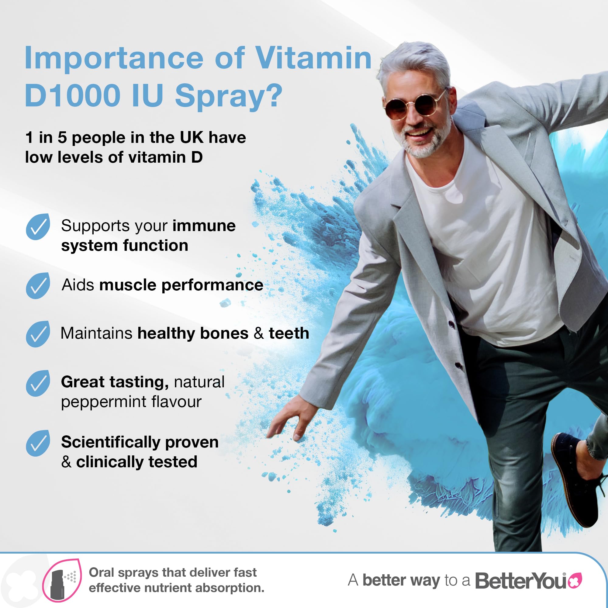 BetterYou Dlux 1000iu bouteille 15ml, format portable pour dosage quotidien.