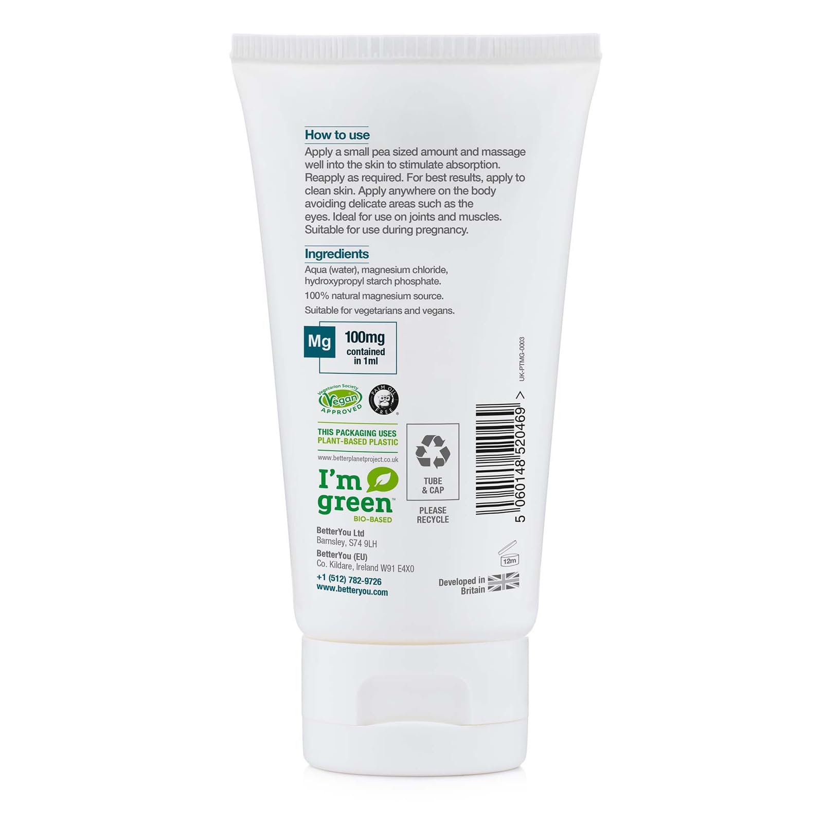 BetterYou Magnésium Gel: emballage à empreinte carbone négative et matériaux végétaux.