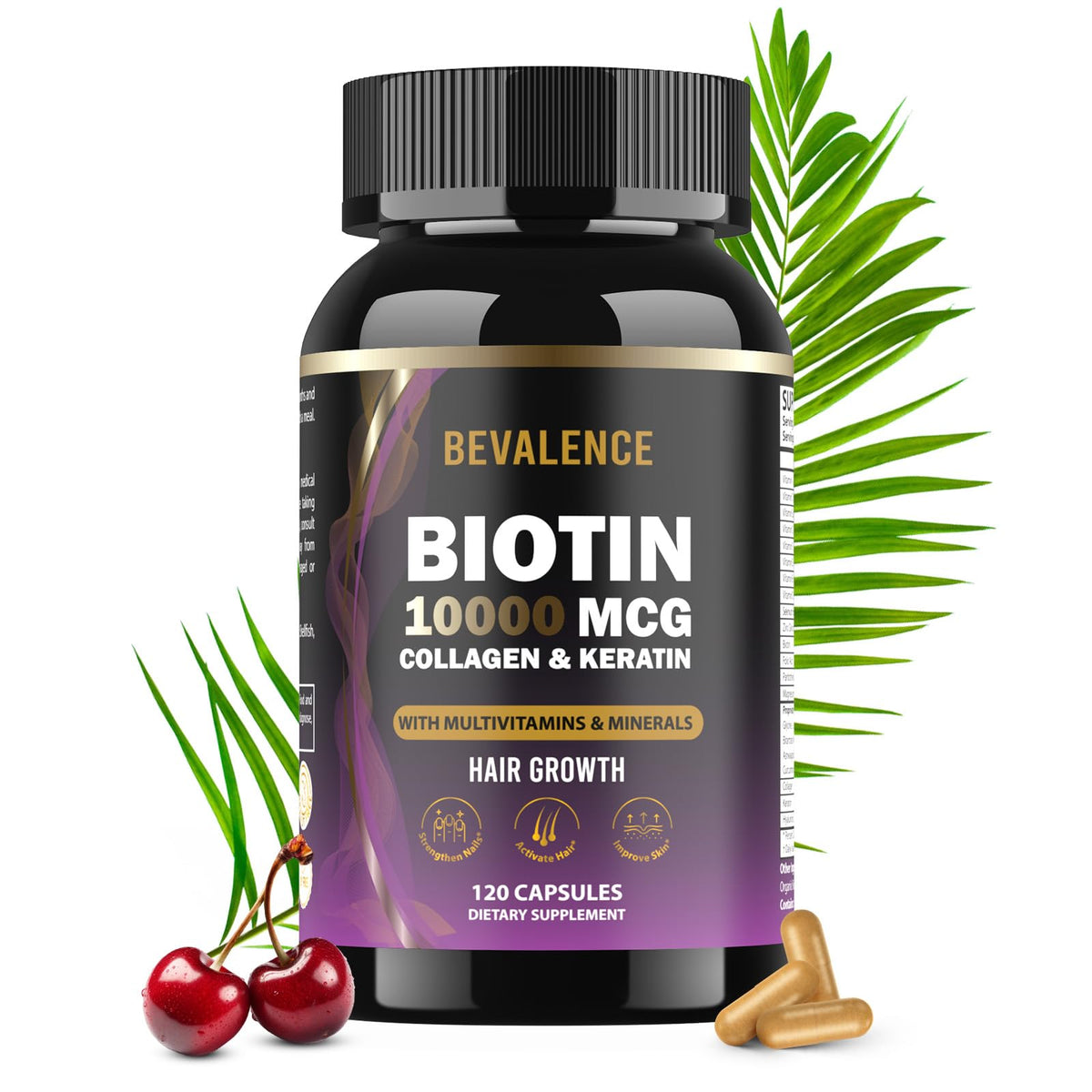 Bevalence Biotine Croissance-cheveux - Bouteille montrée, soutien nutritionnel potentiel.