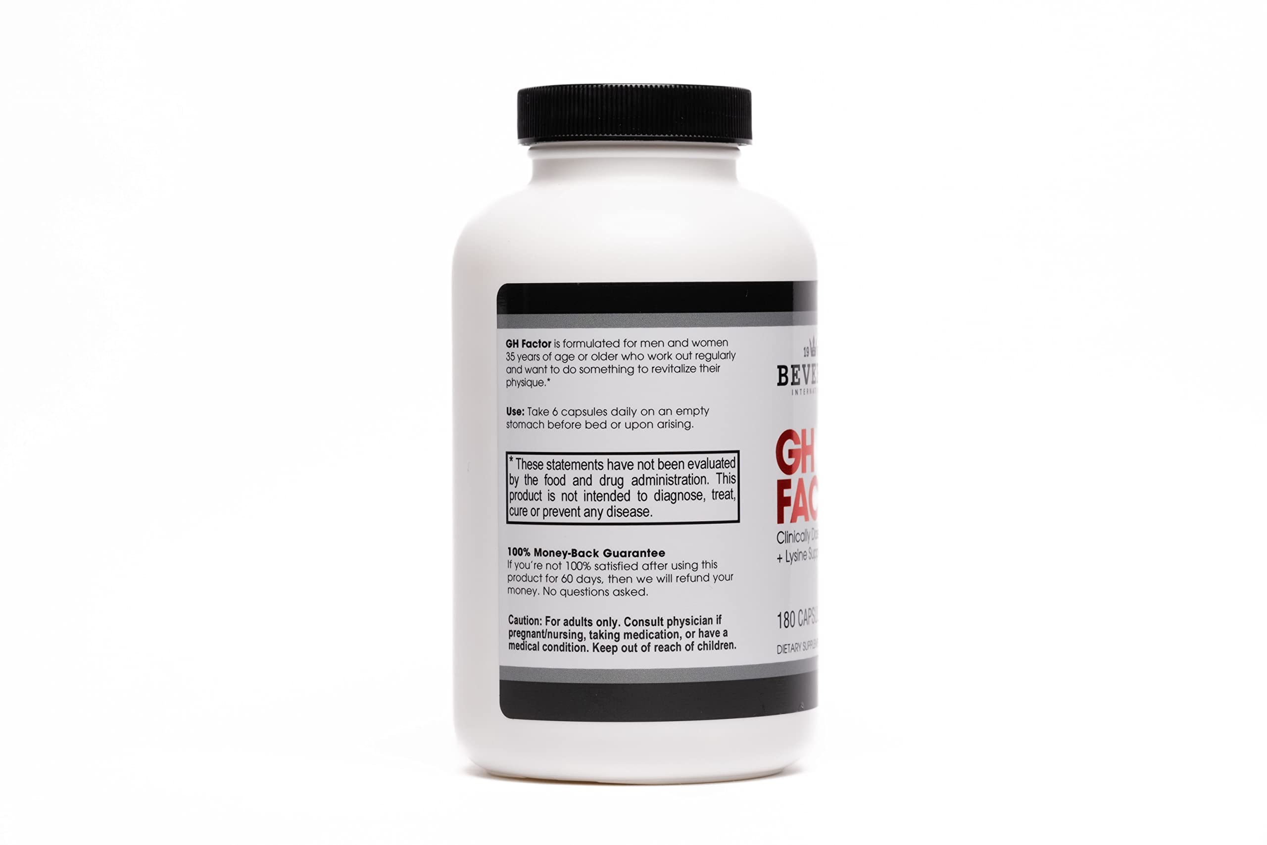 GH Factor Beverly International — étiquette claire et produit de qualité pour entraînements masculins et féminins.