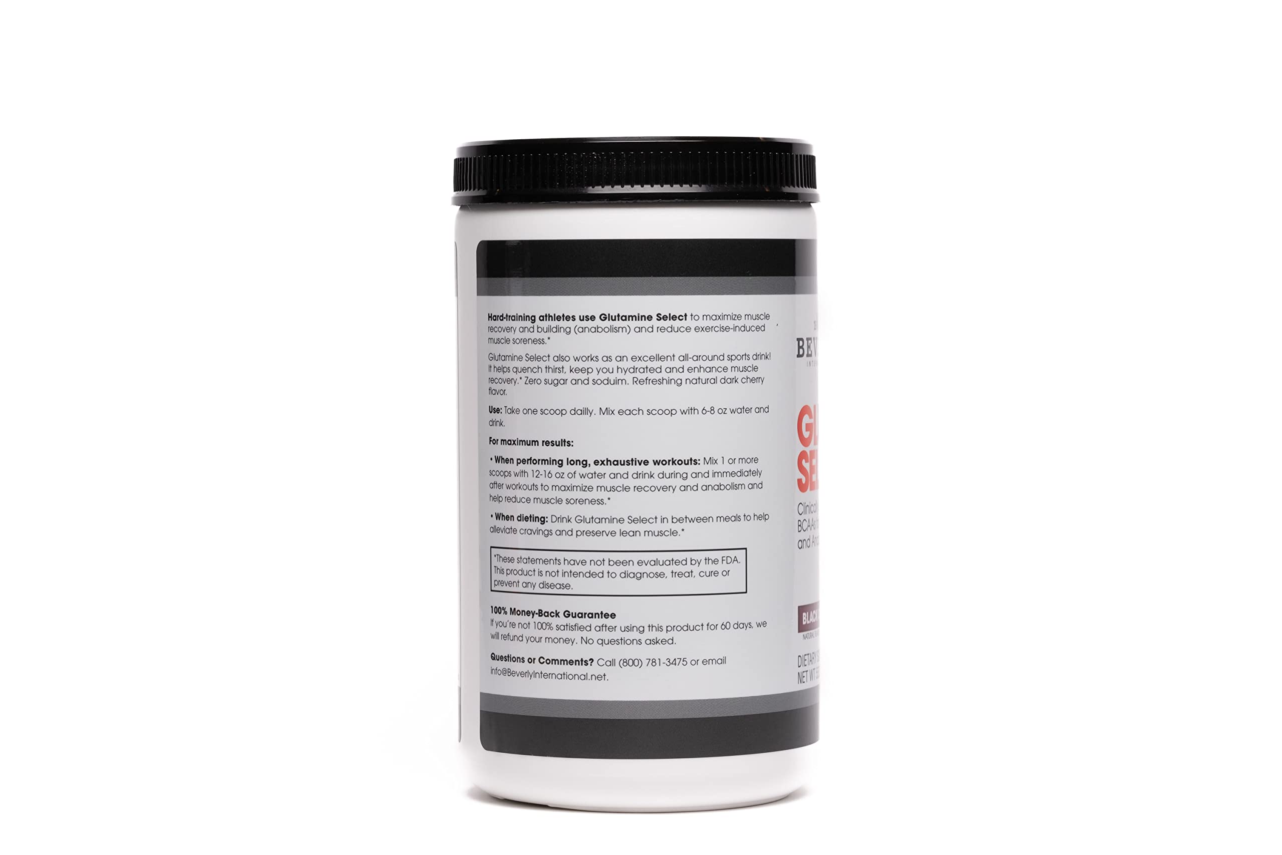 Be Beverly International Glutamine Select, eau et poudre créant une boisson hydratante et rafraîchissante.