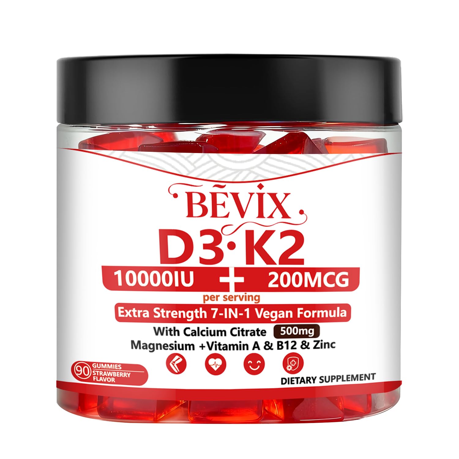 BEVIX Gommes D3 K2 – bouteille visible pour une utilisation quotidienne potentielle.