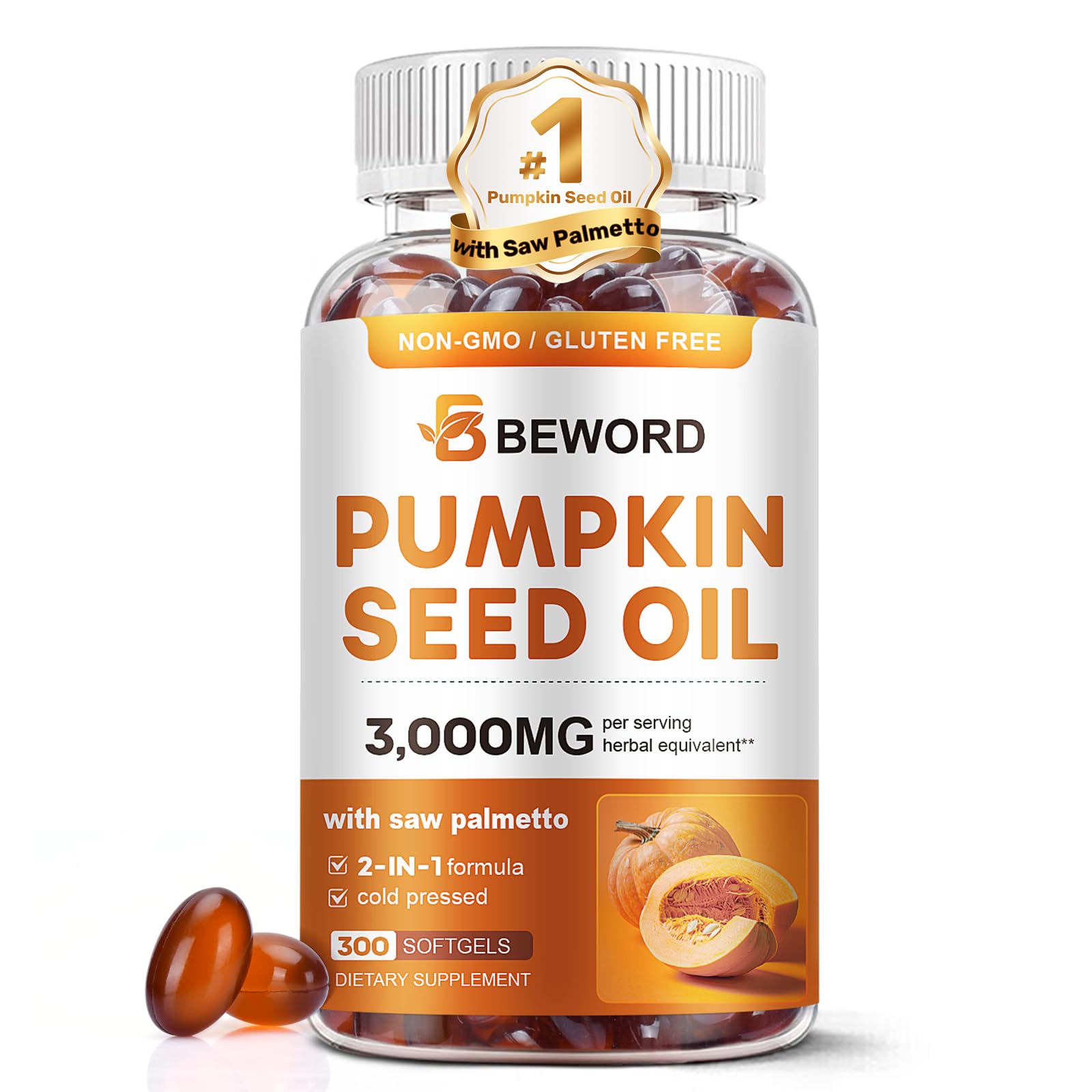 BEWORD huile graines de courge et palmetto en bouteille, riche en acides gras essentiels pour le bien-être quotidien.
