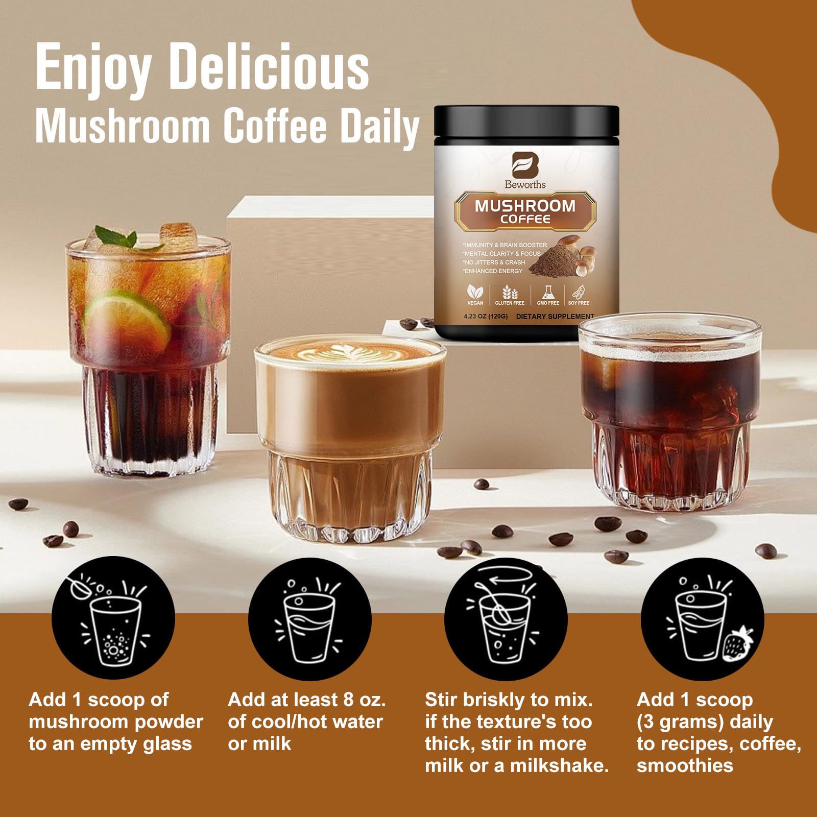 Beworths Café-Champignons preparation-smoothie pratique pour routines quotidiennes