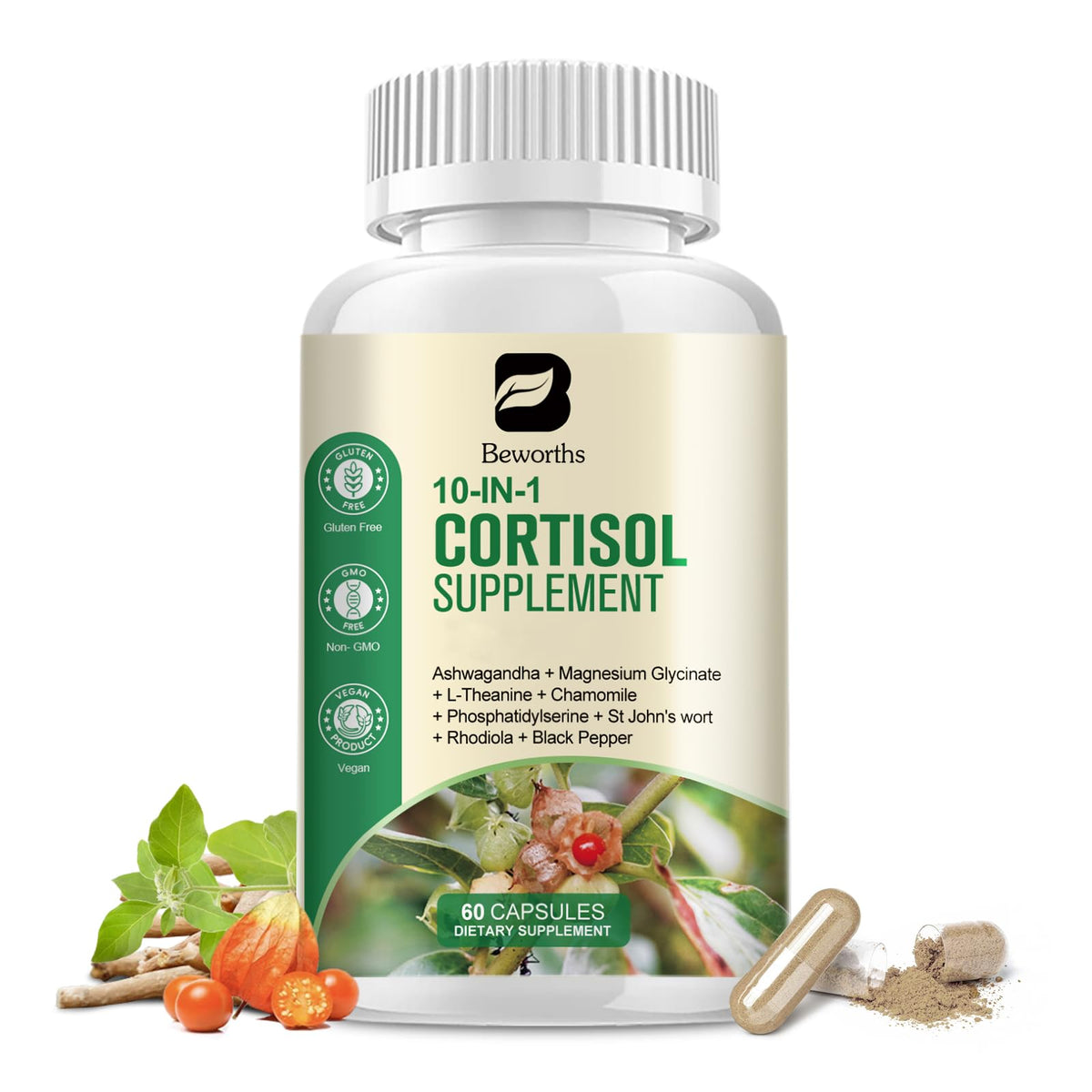 B BEWORTHS compléments cortisol – Bouteille de capsules, soutien possible au stress quotidien