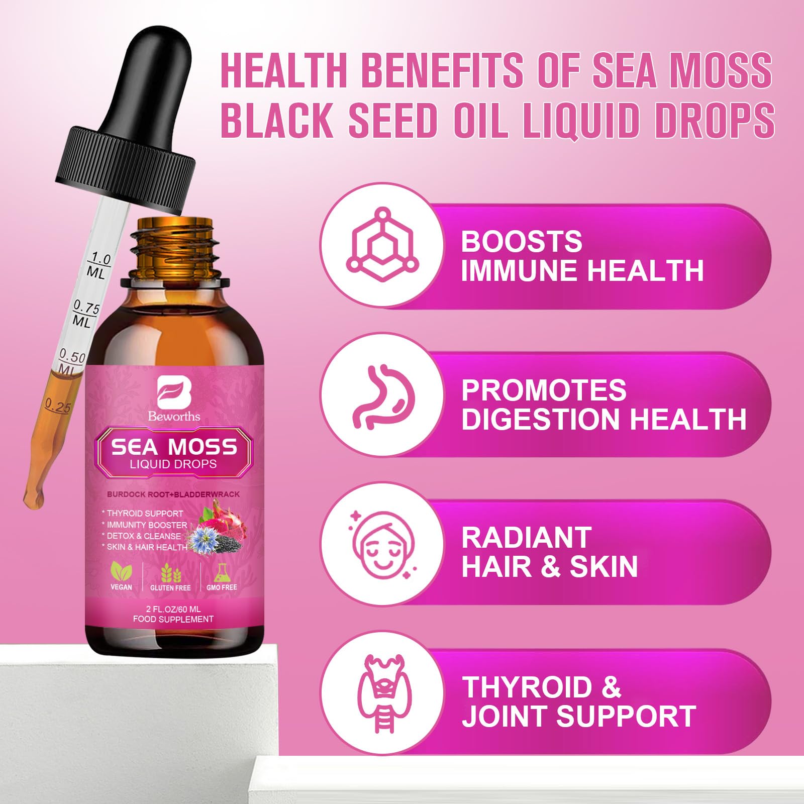 Bouteille Sea Moss Beworths verte, symbole de naturalité et de choix vegan.