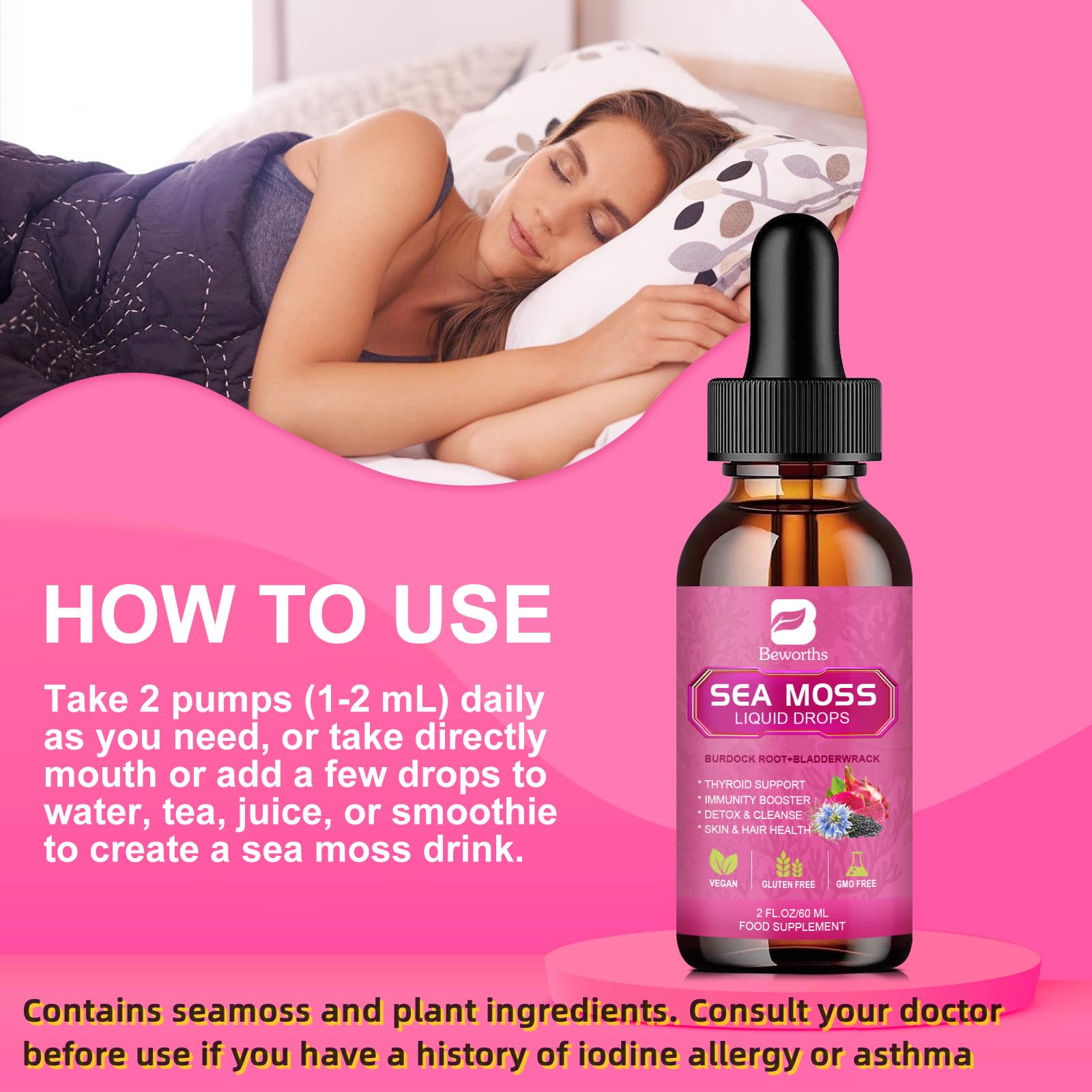 Flacon Sea Moss Beworths ambré, impression premium et conservation optimale.