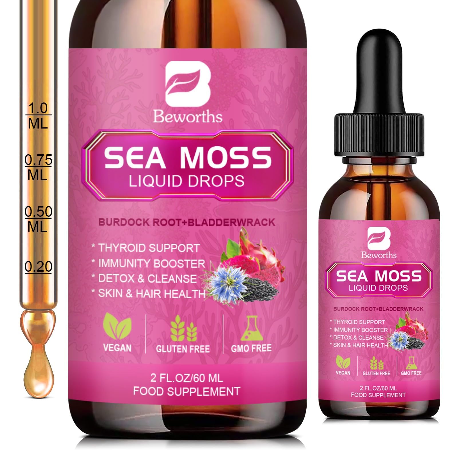 Gouttes Sea Moss Beworths dans un flacon pratique pour usage quotidien.