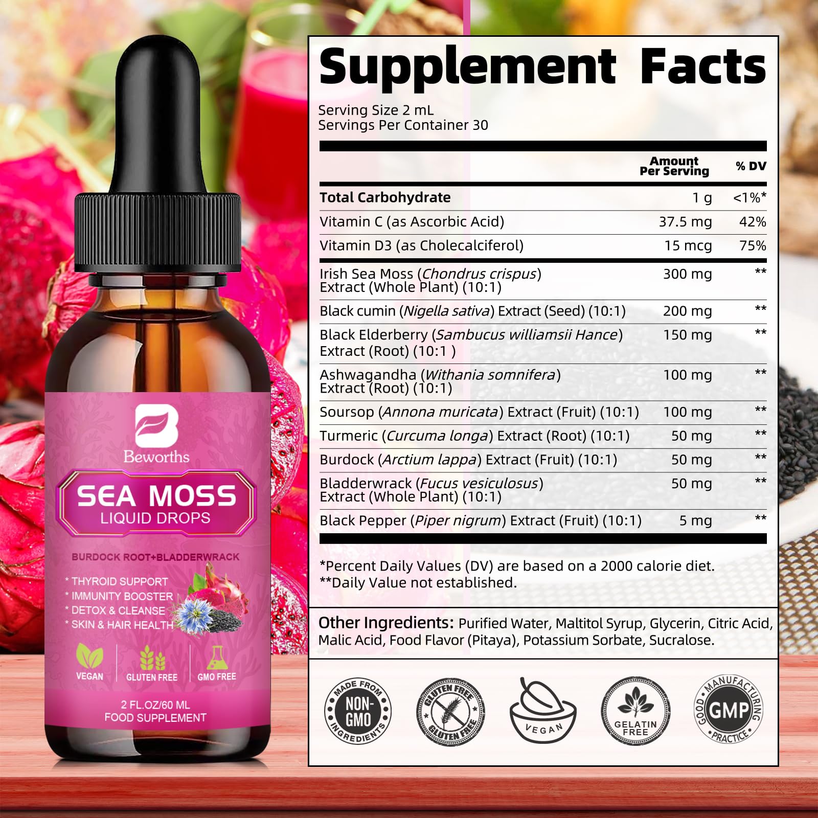 Ingrédients naturels Sea Moss Beworths: algues irlandaises et extraits bénéfiques.