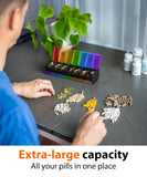 Contenants codes couleurs et couvercles transparents pour identifier rapidement les pilules.