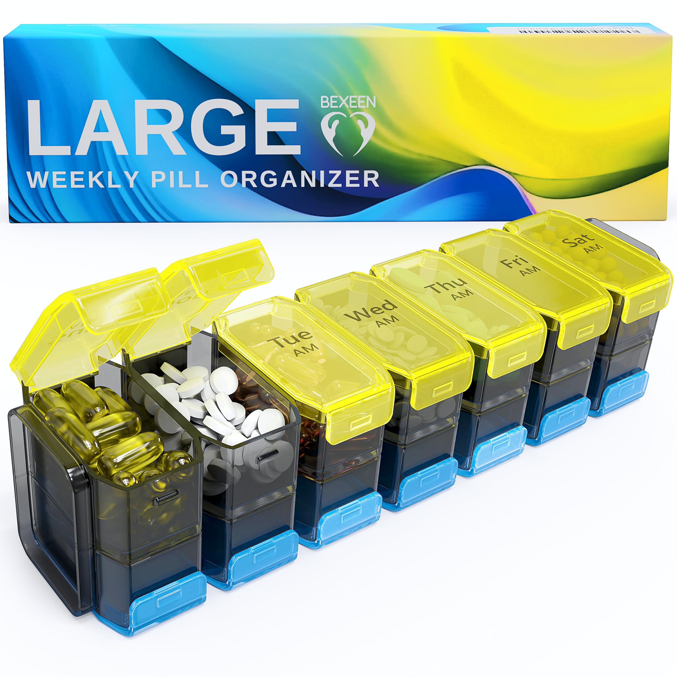 Organisateur BEXEEN XL avec compartiments AM/PM ouverts, pratique pour distinguer les doses.