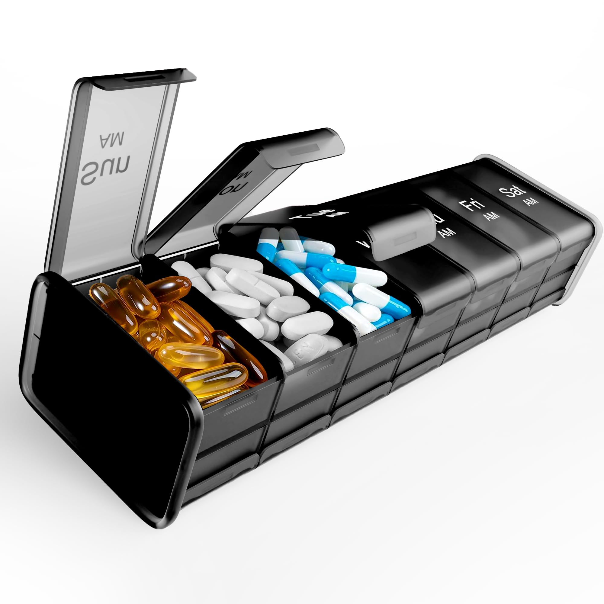 BEXEEN Organisateur XXL: grande capacité pour une semaine complète de pilules et gummies.