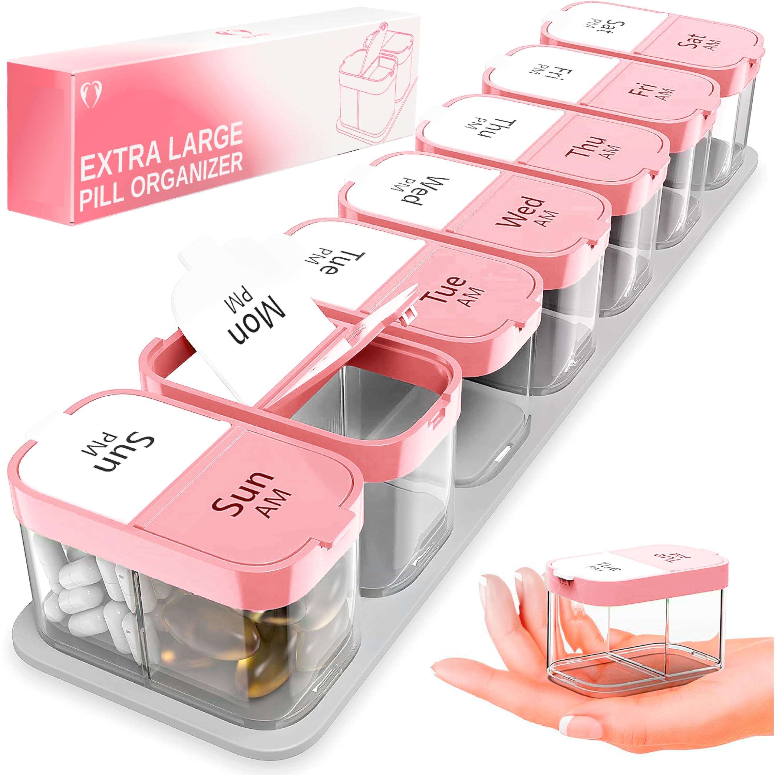 BEXEEN organisteur semaine XL pilules rose, vue ouverte, pratique en voyage.