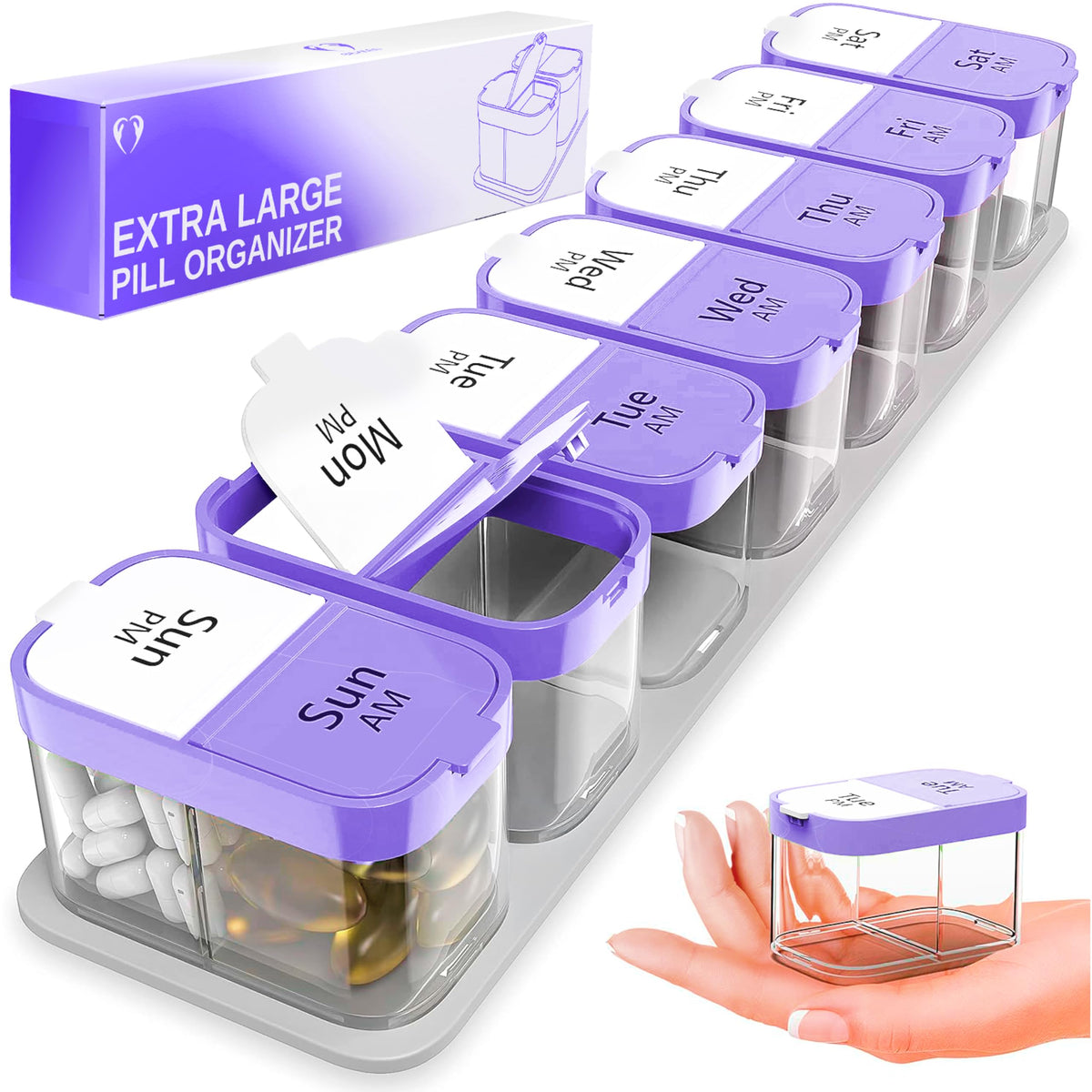 BEXEEN Organiseur semaine XXL violet, ensemble pratique pour stocker une semaine de pilules.