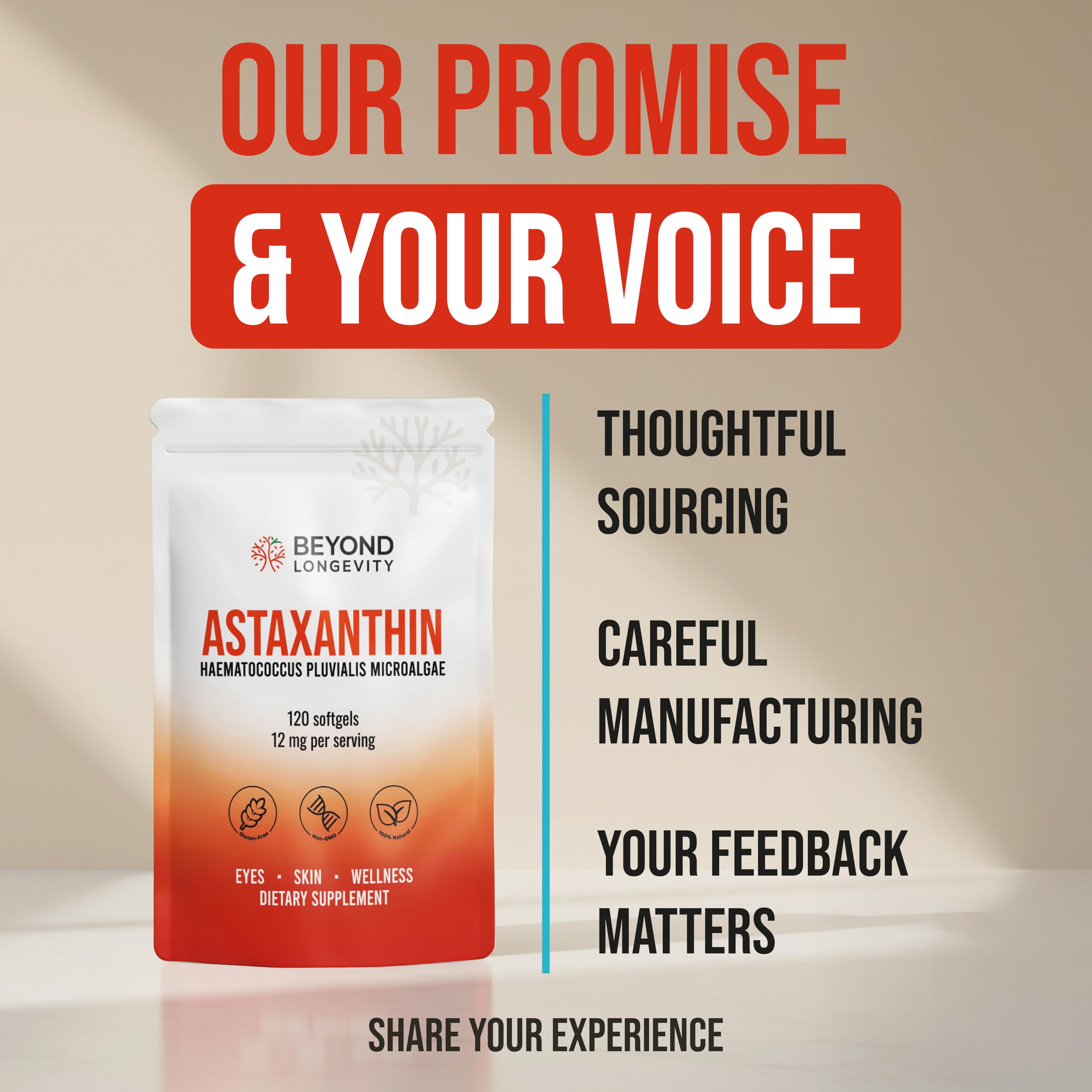 BEYOND LONGEVITY Astaxanthine 12 mg – visuel produit et ingrédients simples