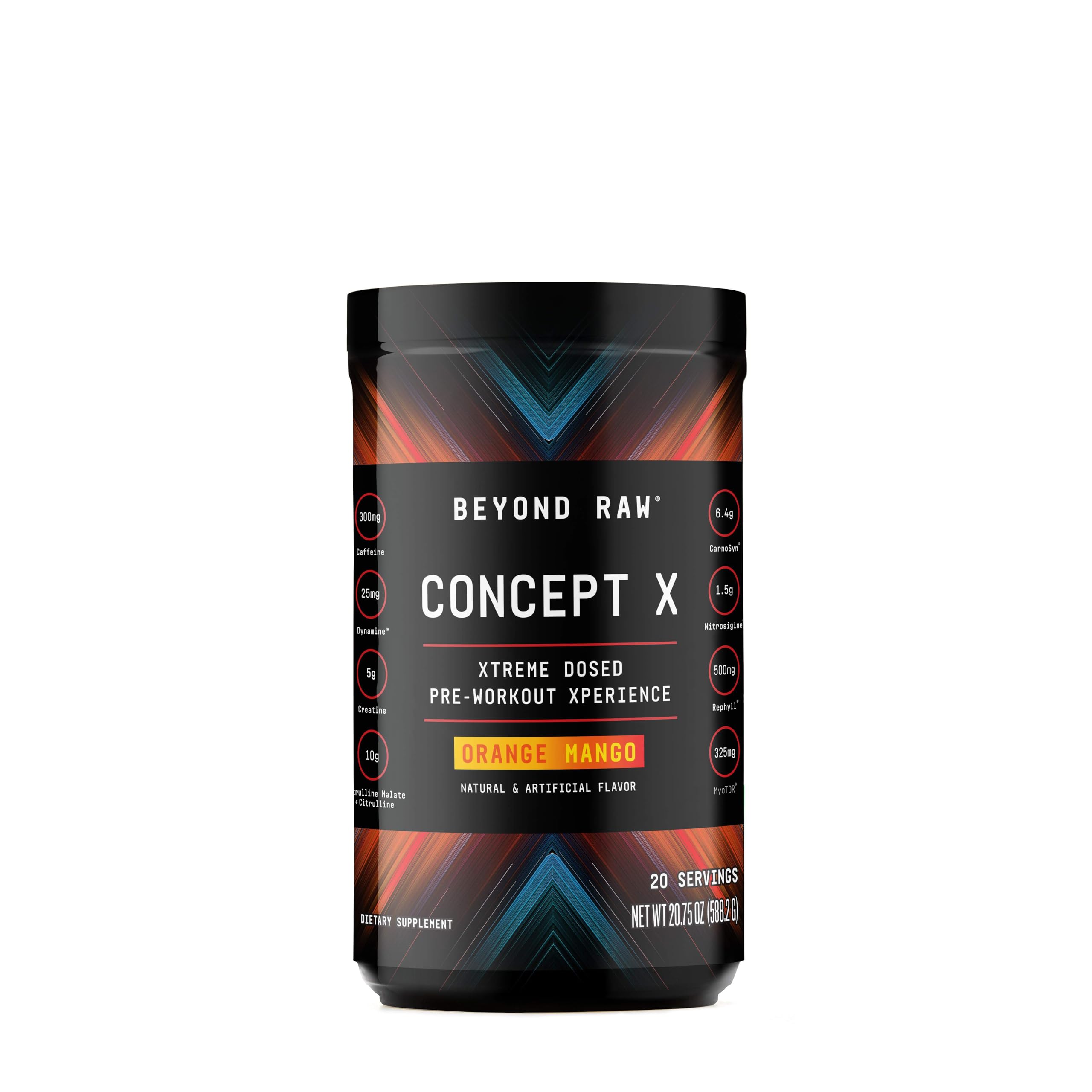 BEYOND RAW Concept X, poudre pré-entraînement orange mangue dans le flacon, énergie et concentration potentielles.