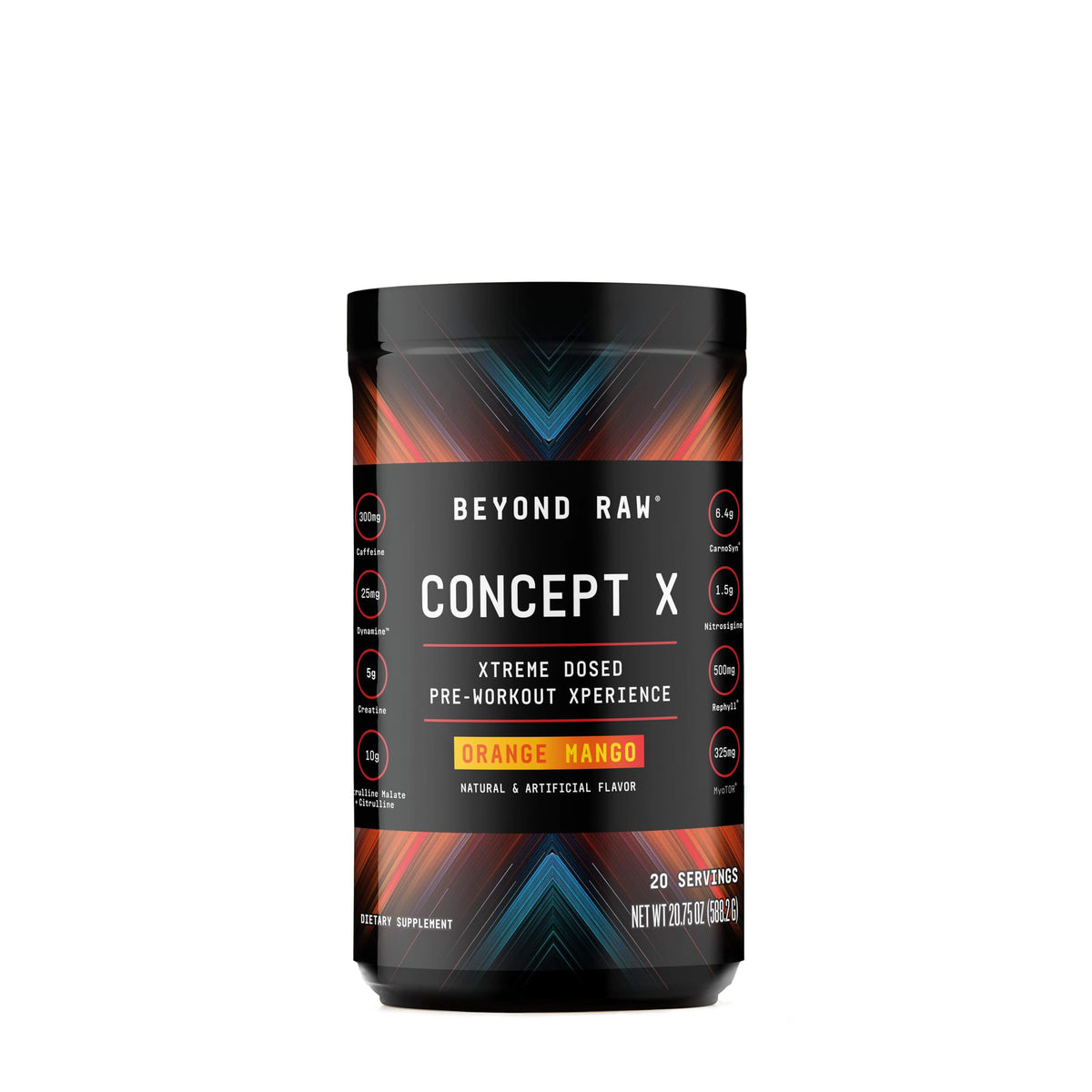 BEYOND RAW Concept X, poudre pré-entraînement orange mangue dans le flacon, énergie et concentration potentielles.