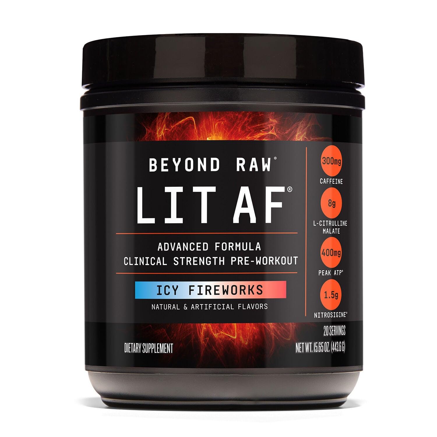 BEYOND RAW LIT AF – boîte pré-entraînement, énergie rapide et concentration.