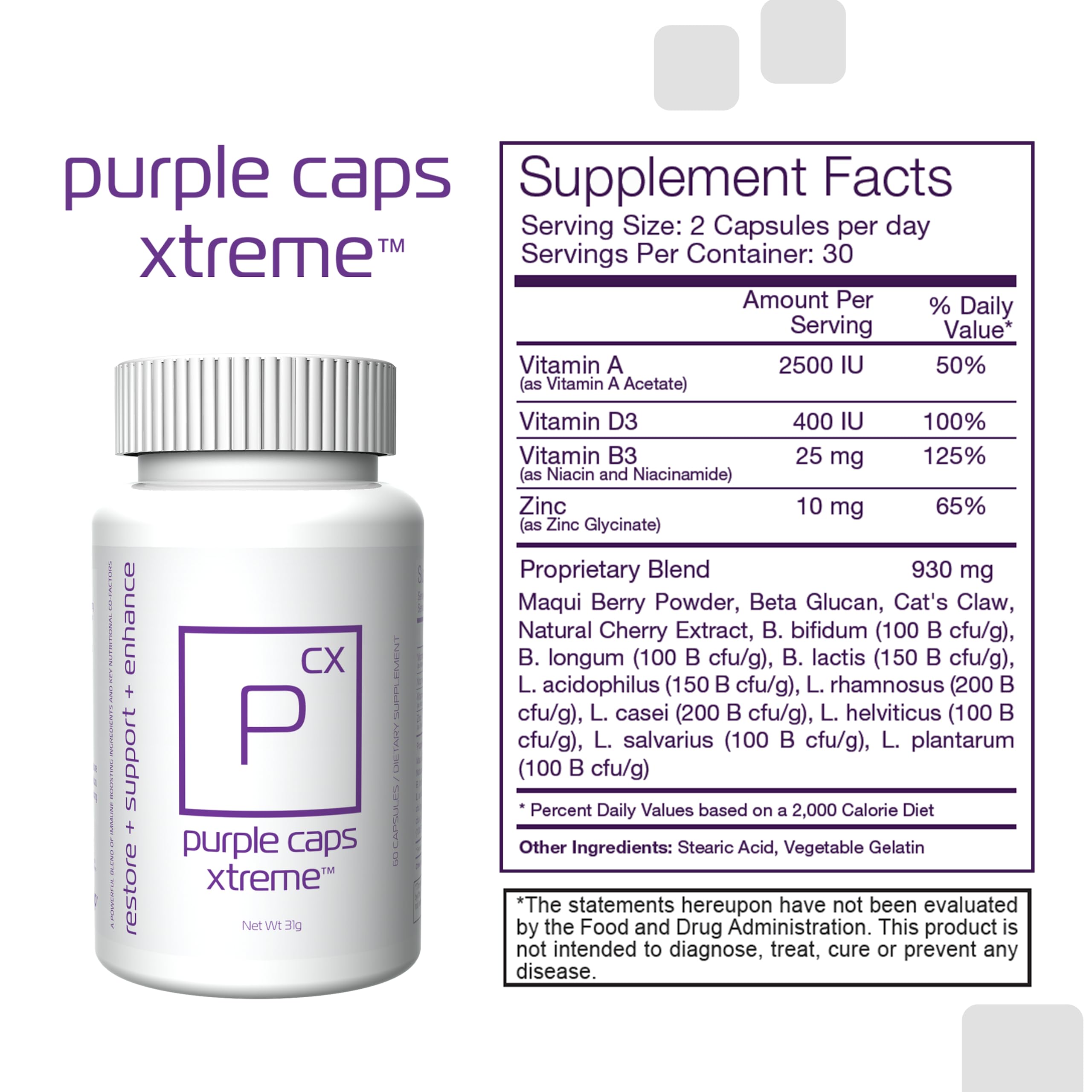 Bhip Global Purple Caps Xtreme – l’étiquette comporte les ingrédients clés visibles.