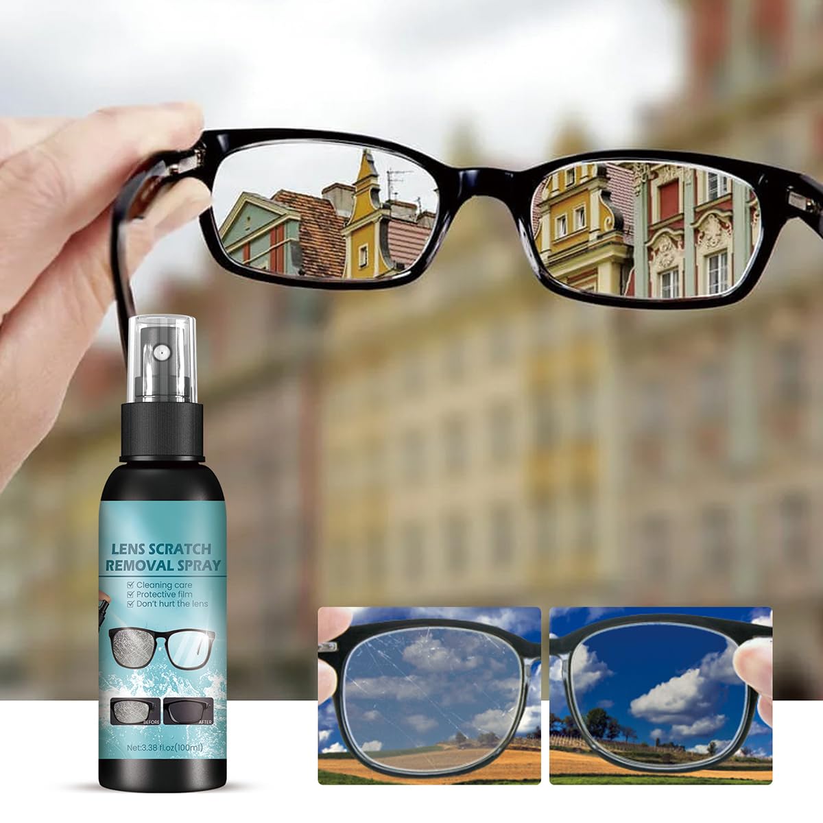 Application sur lunettes avec le spray pour un nettoyage rapide