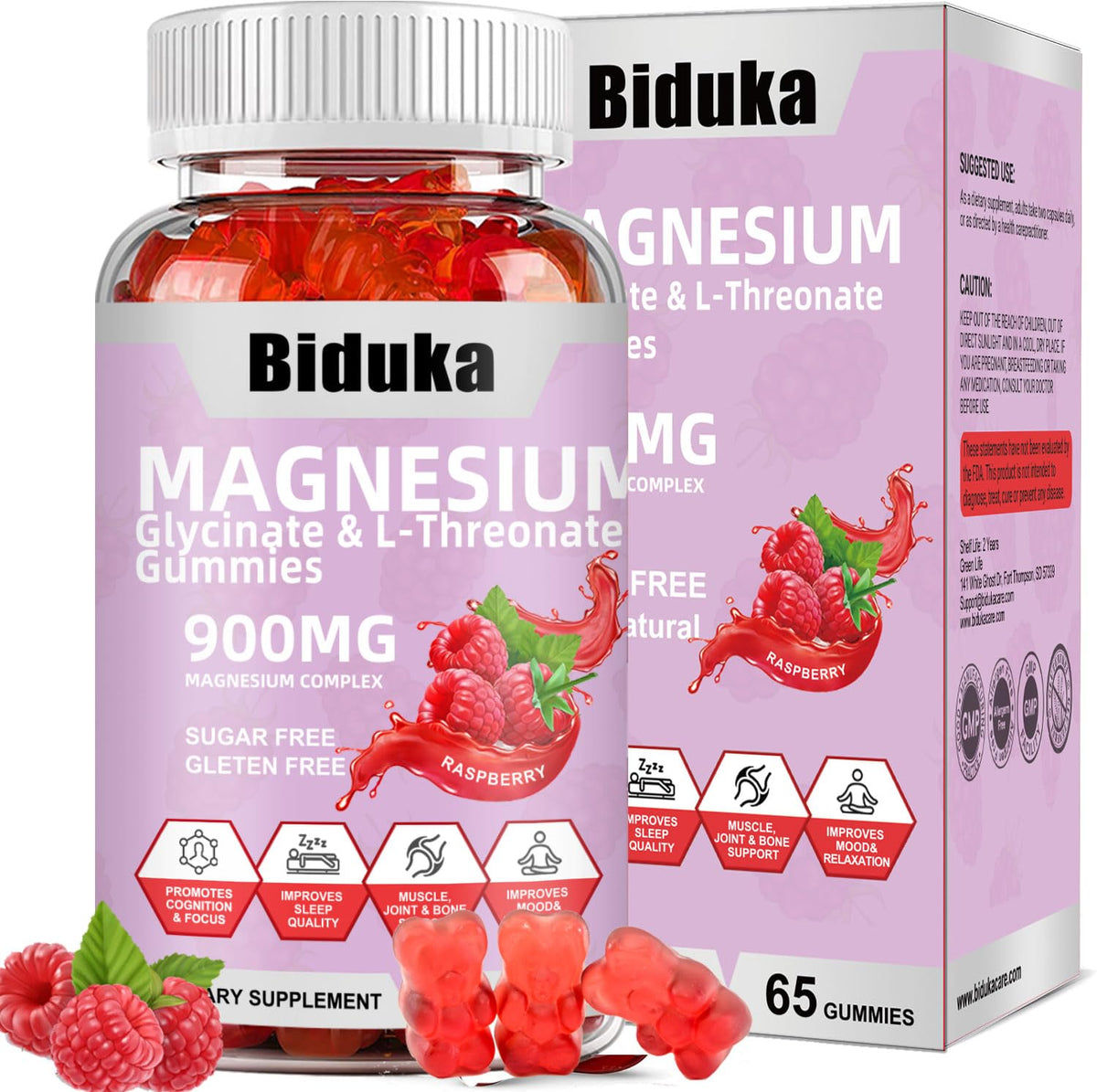 Biduka magnésium 900 mg: bouteille de gummies framboise pour relaxation quotidienne.