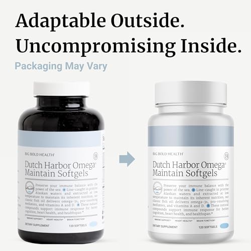 Big Bold Health Dutch Harbor Omega Maintain Softgels - flacon et étiquette clairs, informations utiles pour le suivi.