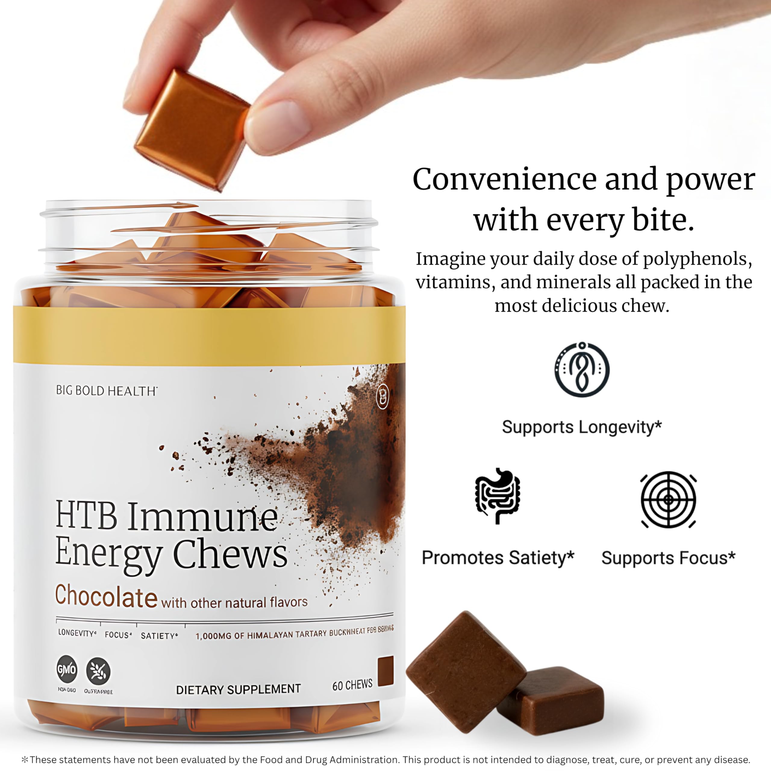 Texture lisse des gommes chocolatées BIG BOLD HEALTH HTB en gros plan.