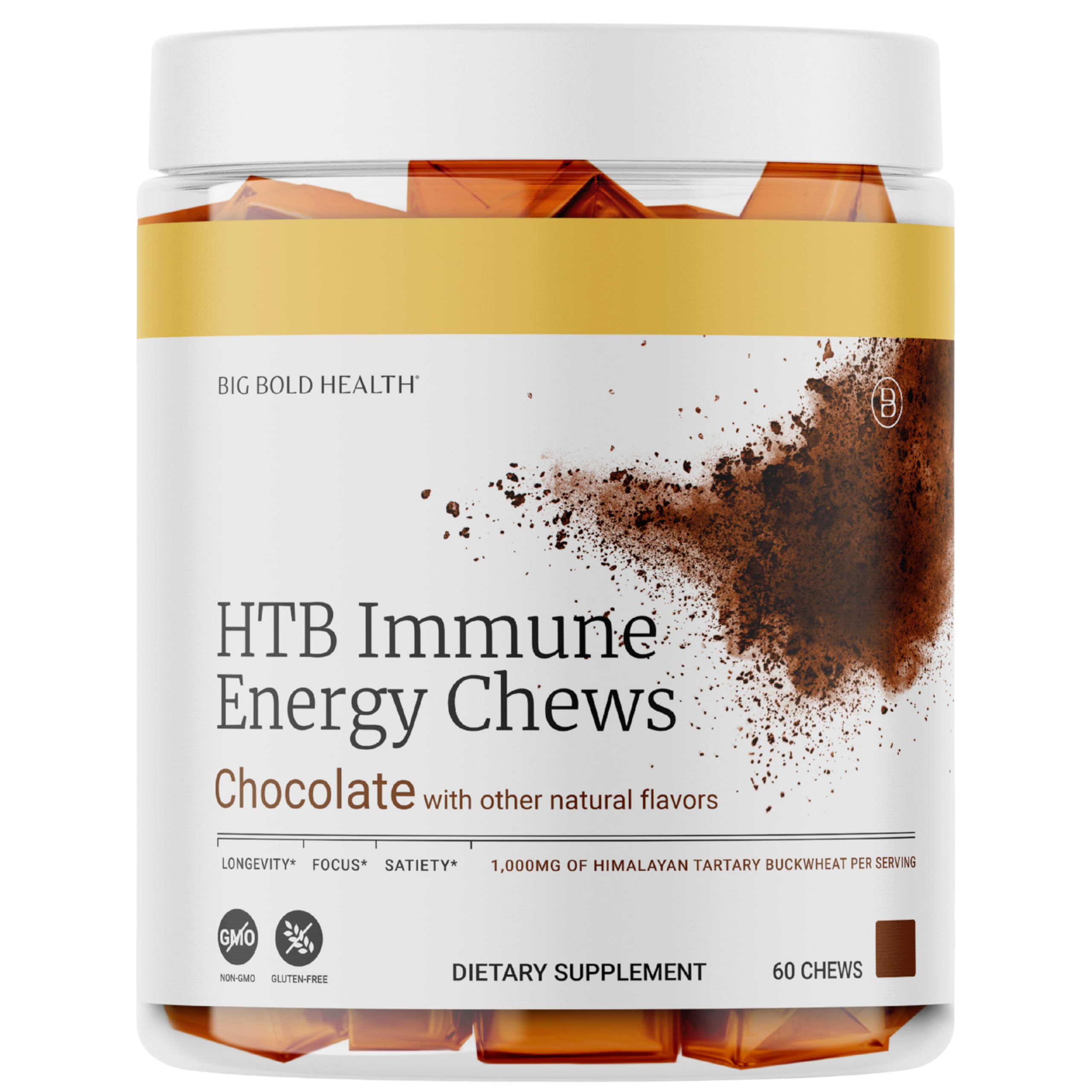 Gommes BIG BOLD HEALTH HTB chocolat en flacon, pour énergie et soutien immunitaire.