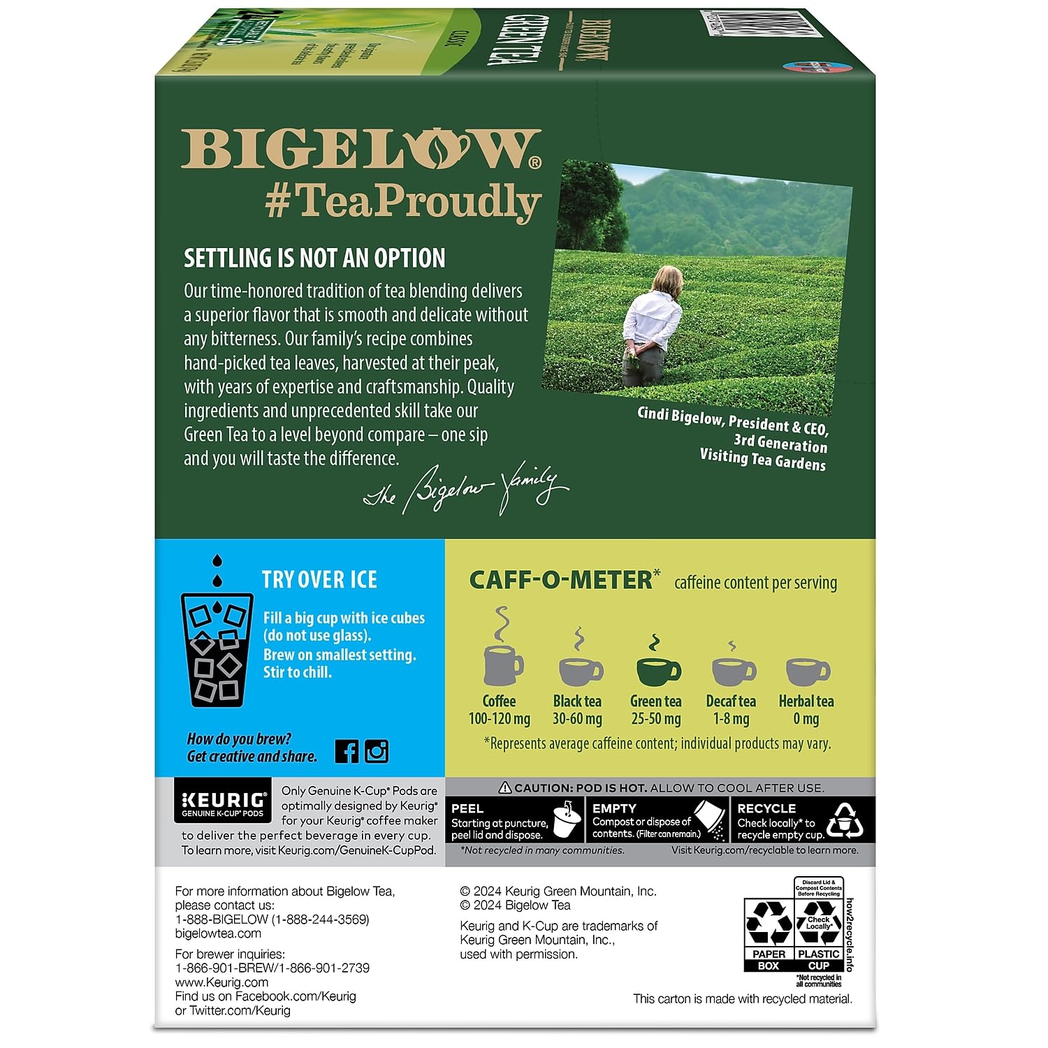 Bigelow thé vert Keurig, emballage modifié possible, ingrédients inchangés.