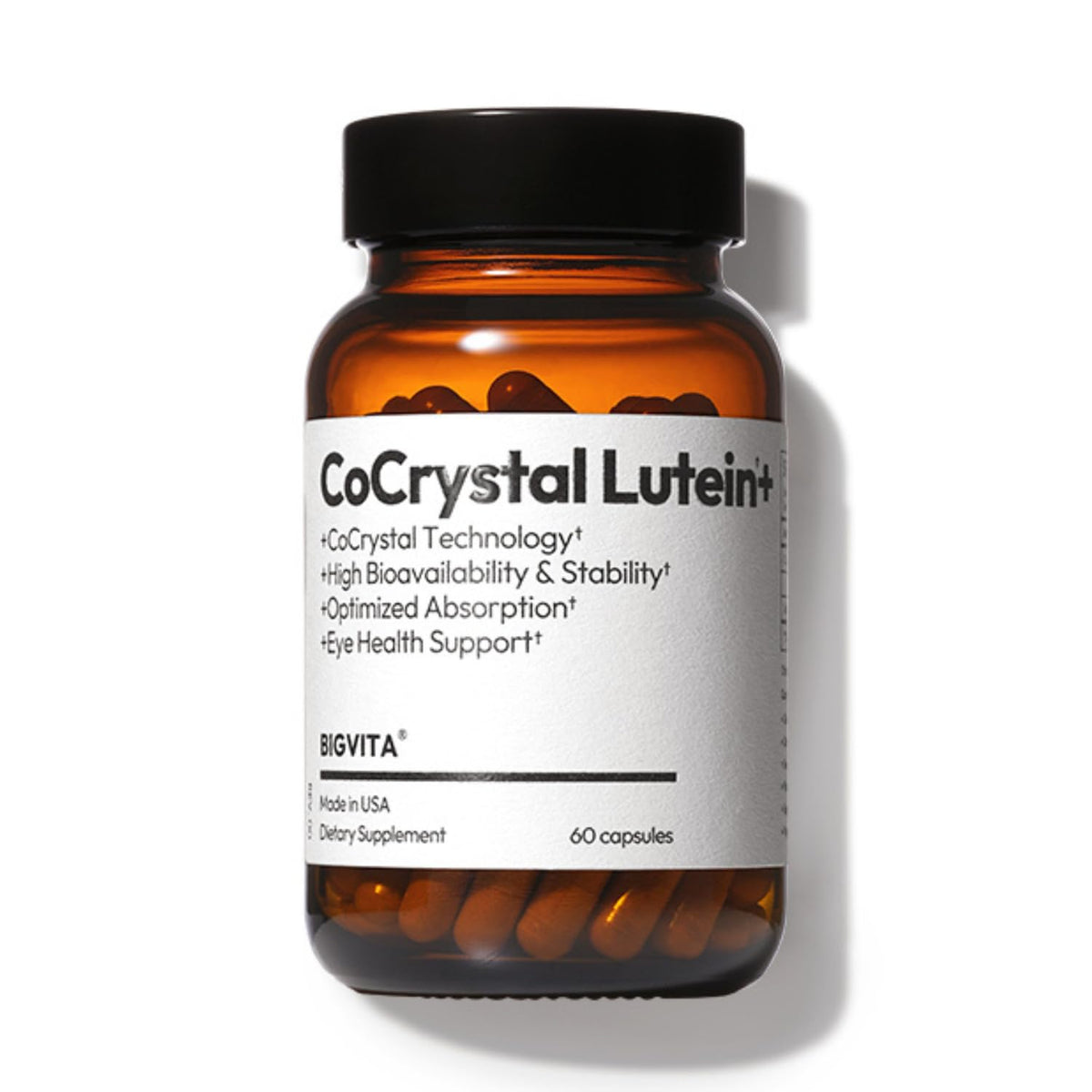 BIGVITA CoCrystal Lutein + – bouteille montrant l’étiquette et l’action d’absorption rapide.