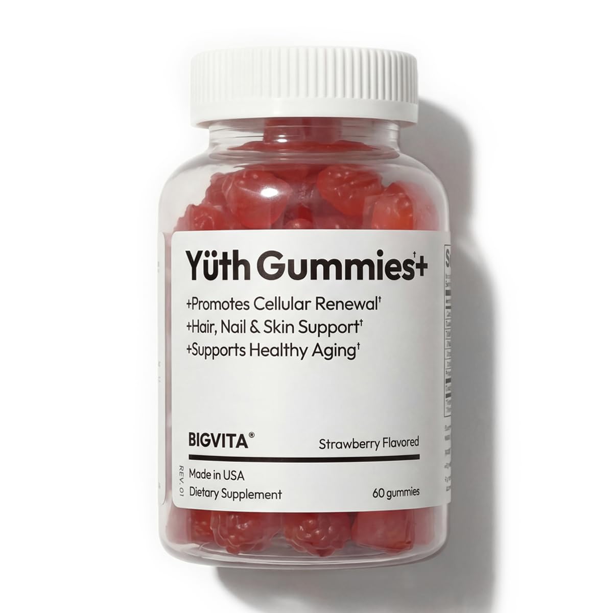 Gélules BIGVITA Yüth Gummies dans la bouteille, soutien potentiel du renouvellement cellulaire.