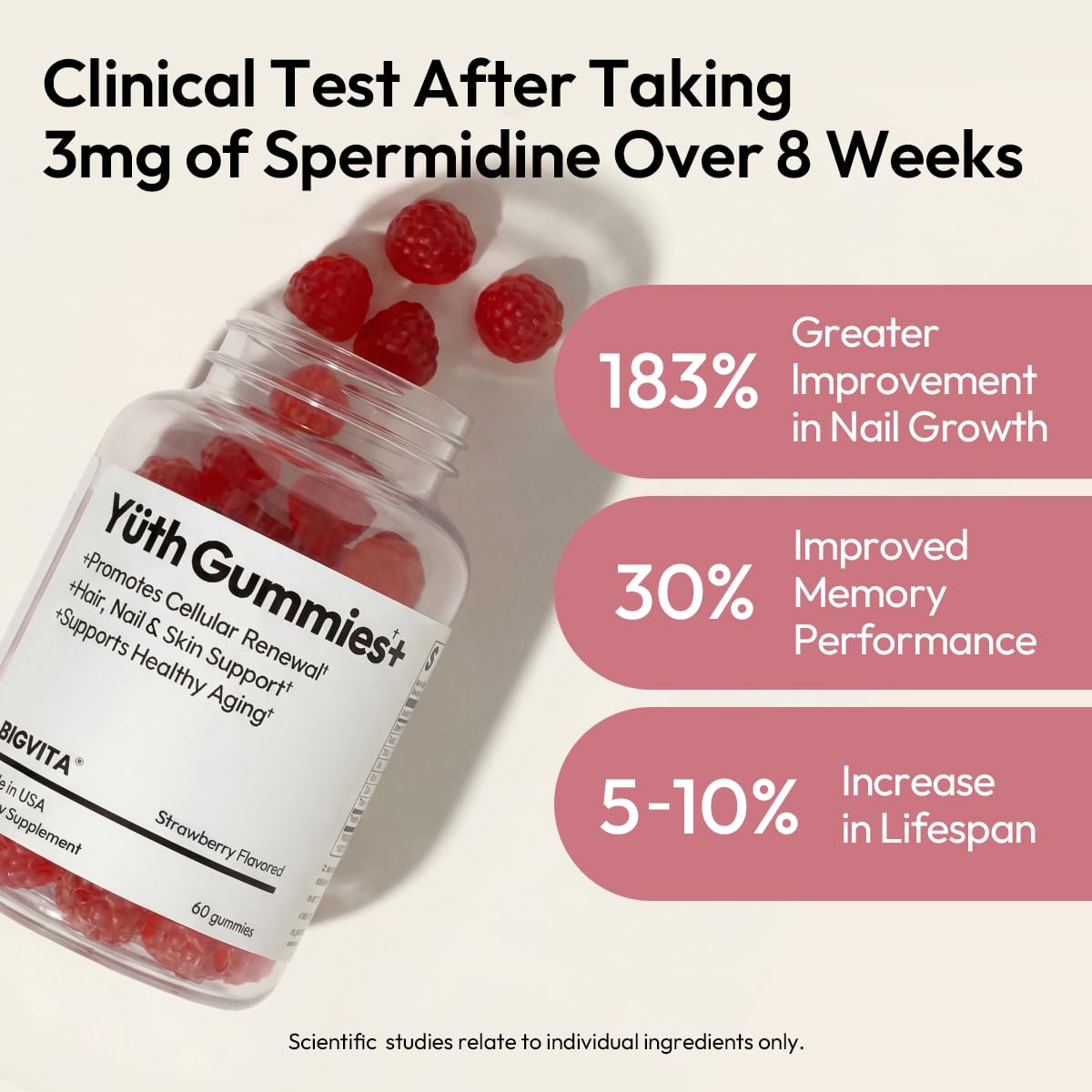 Étiquette BIGVITA Yüth Gummies montrant spermidine et Blotin.