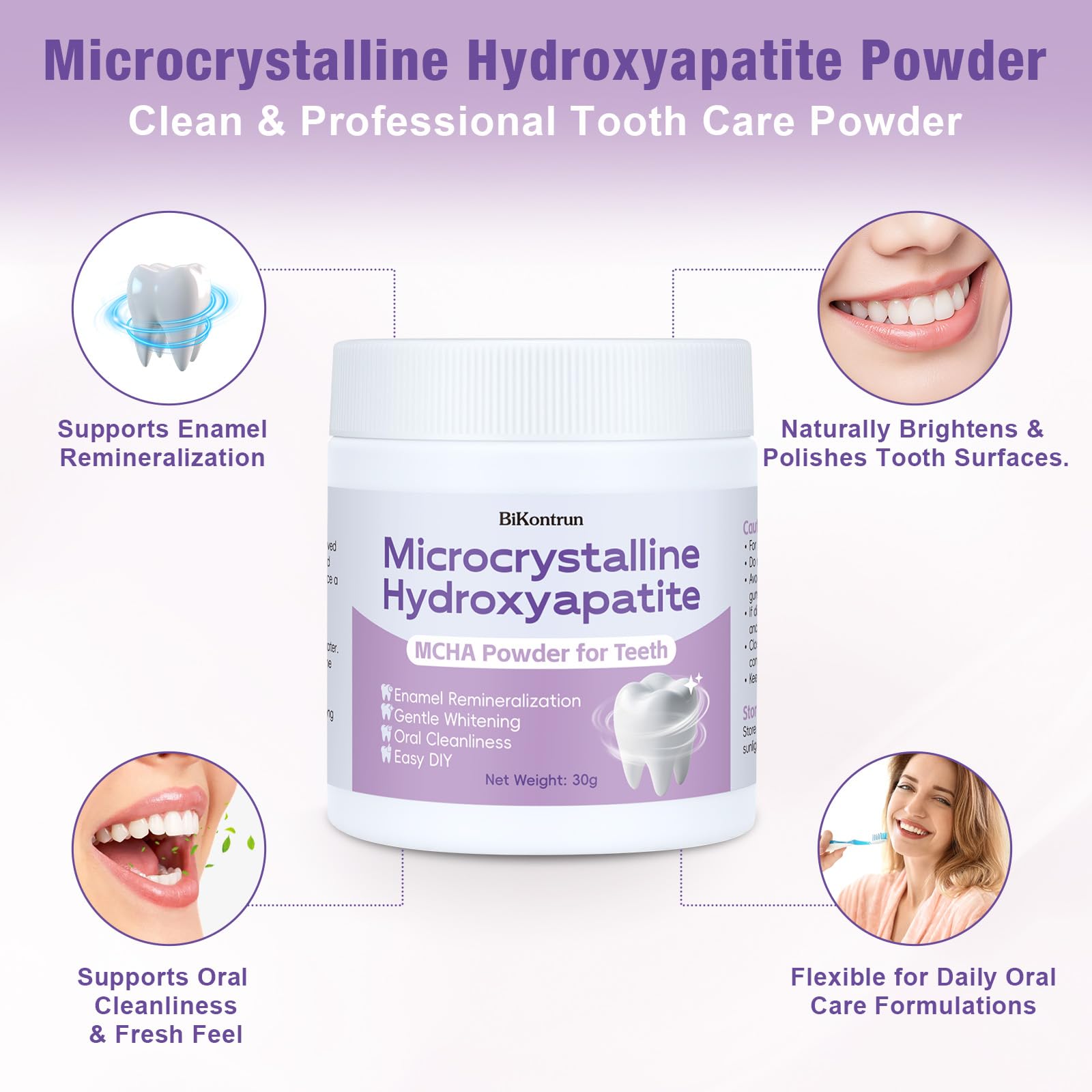 BiKontrun Poudre hydroxyapatite dents, brosse humide, nettoyage quotidien.