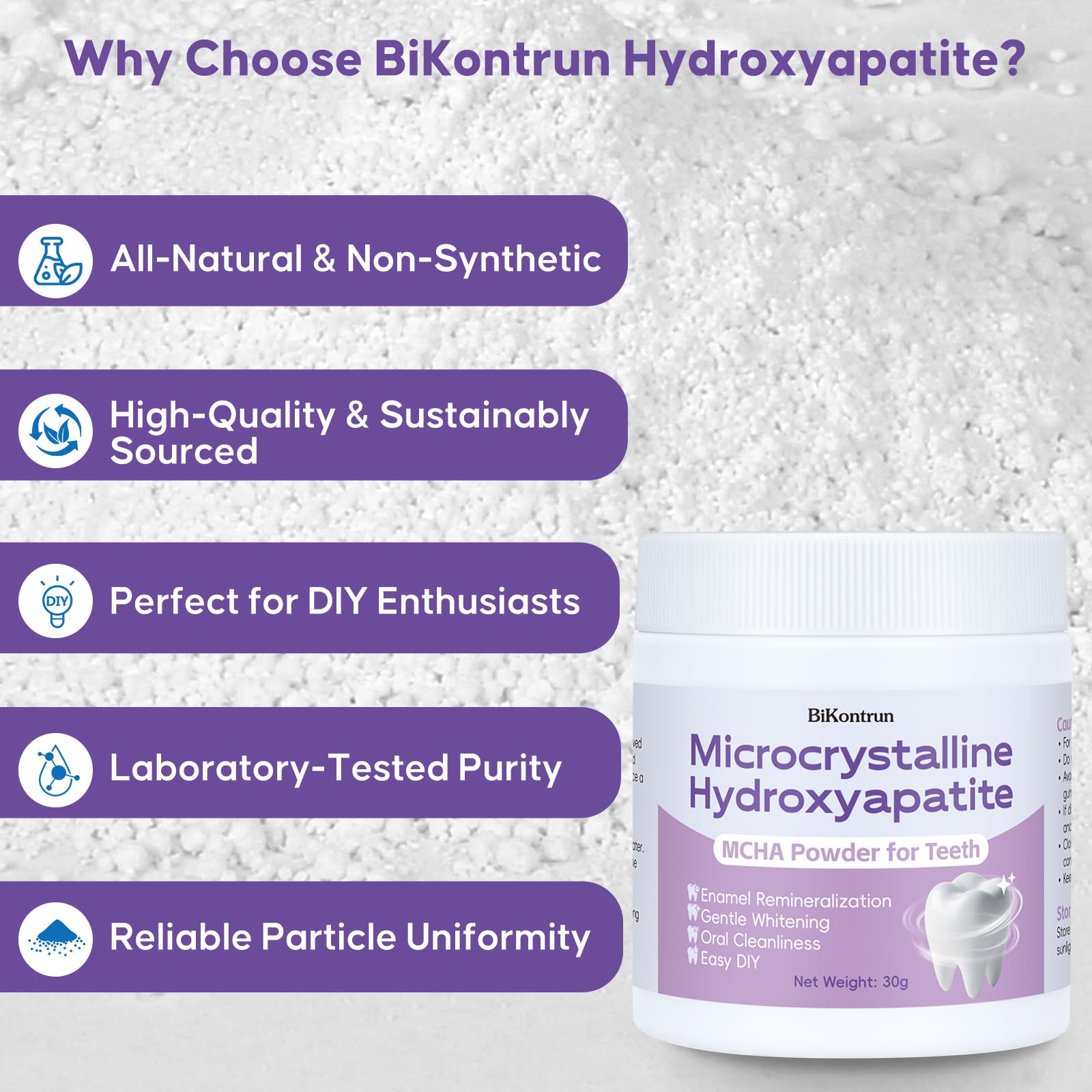 BiKontrun Poudre hydroxyapatite dents, application DIY simple et naturelle.