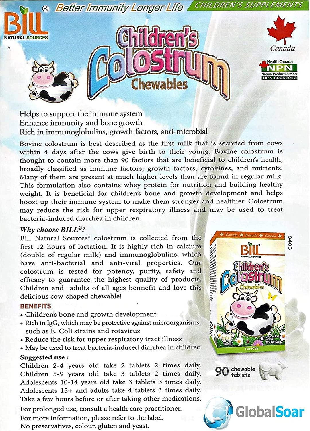 Bill Natural Sources Colostrum enfants, boite gommes, présentation pratique