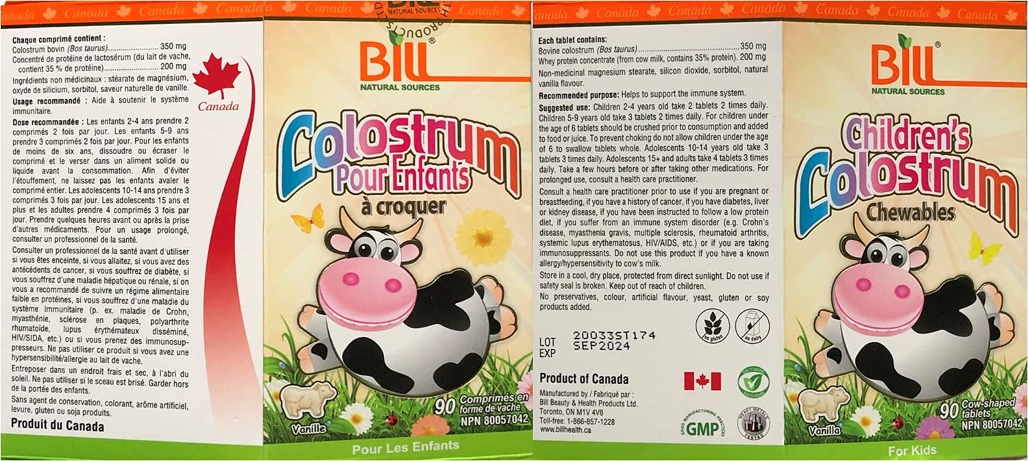 Bill Natural Sources Colostrum enfants, etiquette-produit, informations utiles