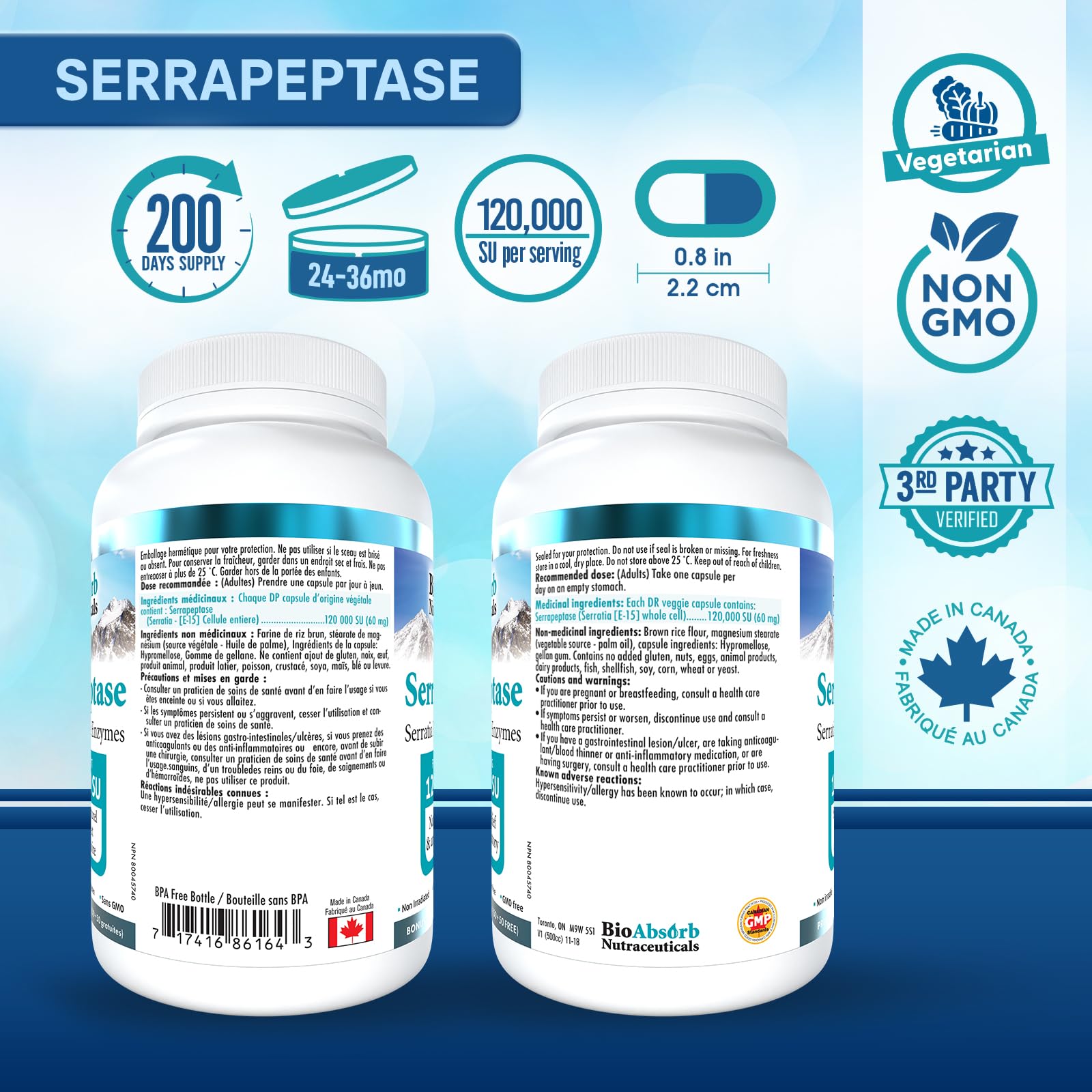 Bio Absorb Serrapeptase – capsules, haute potence et forme végétarienne.