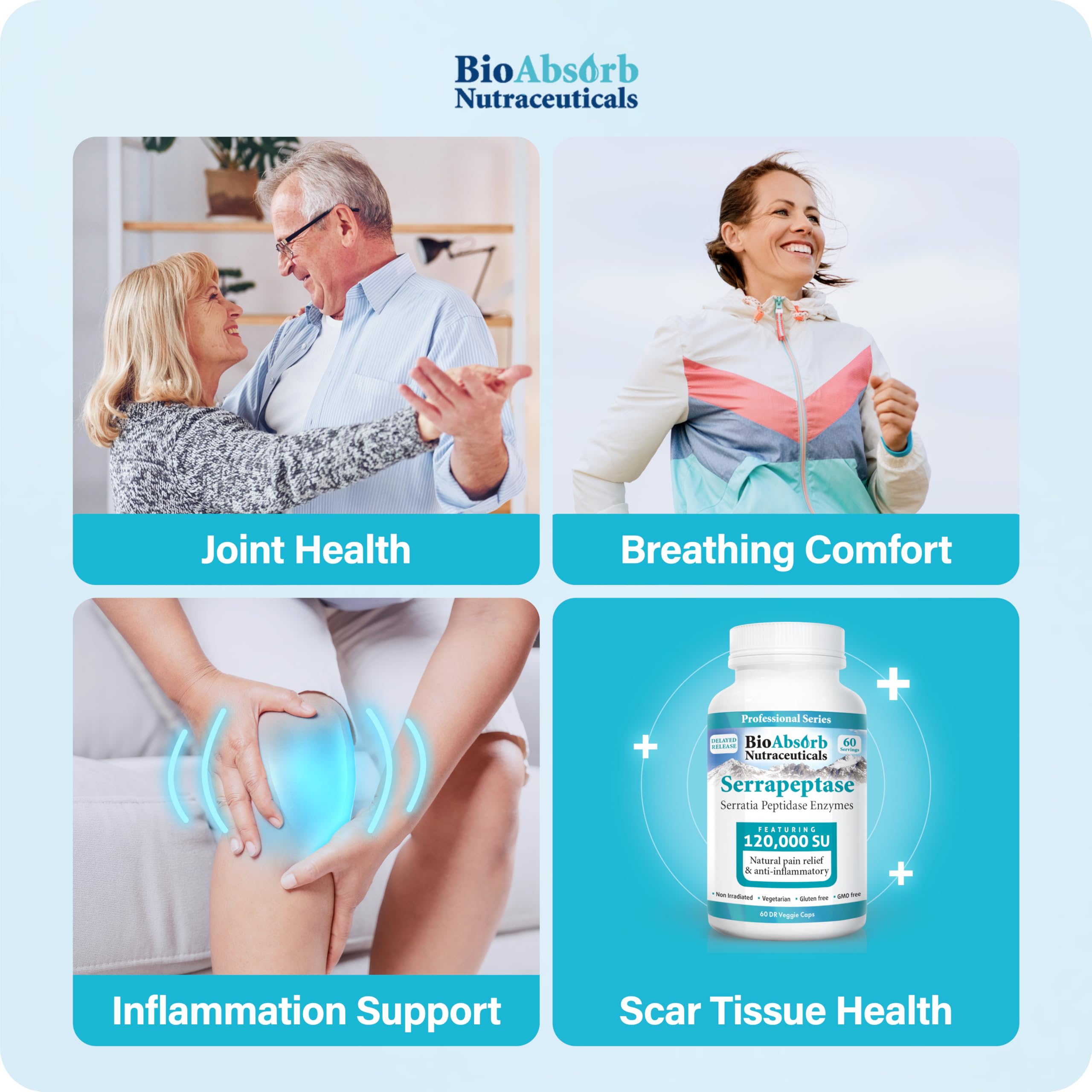 Bio Absorb Serrapeptase: emballage et étiquette clairs, facilité d'utilisation.