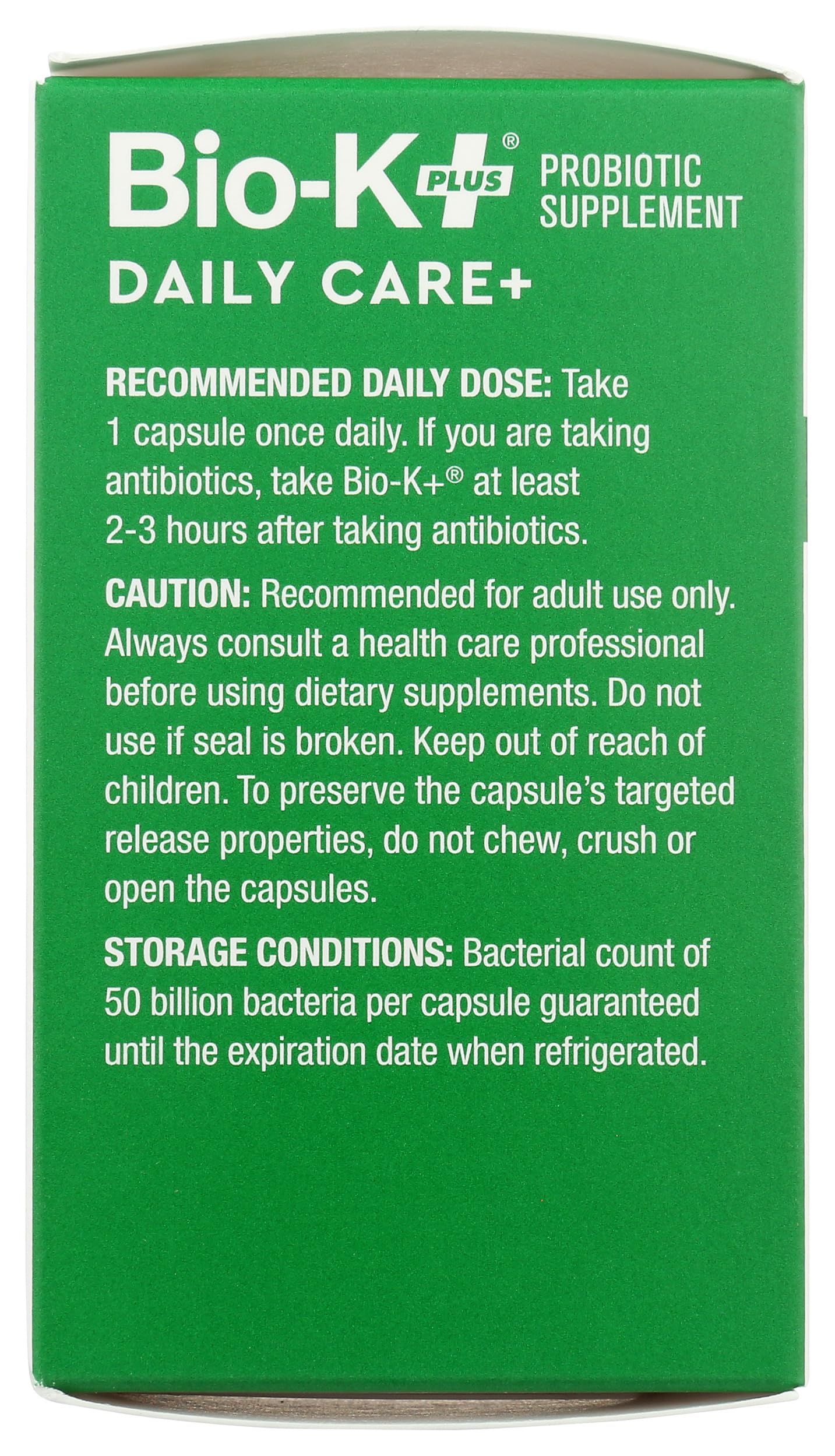 Label clair Bio-K Plus Dailycare affiche les informations essentielles.
