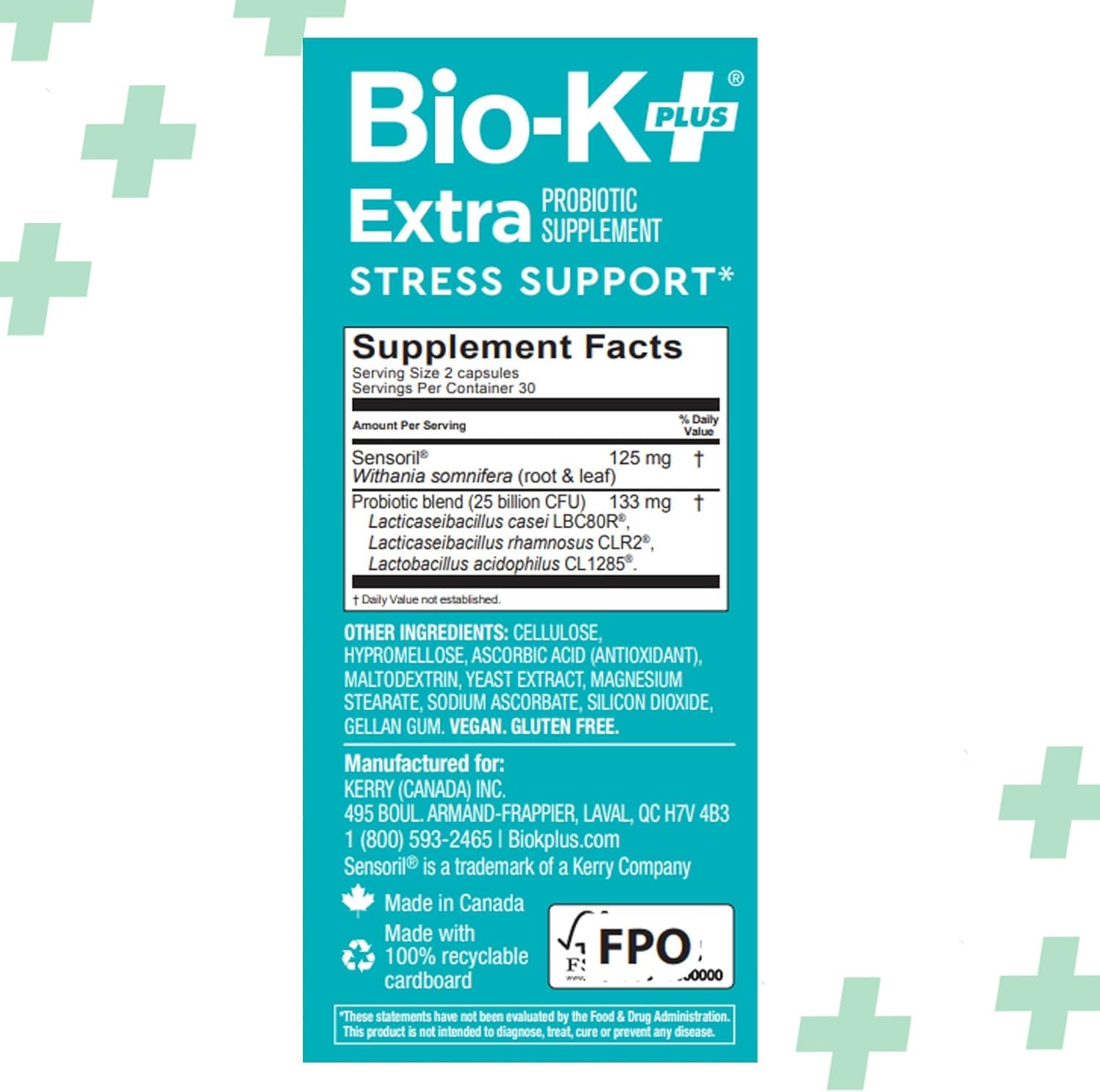Bio-K Plus Extra Stress Support - emballage FSC respectueux de l’environnement.