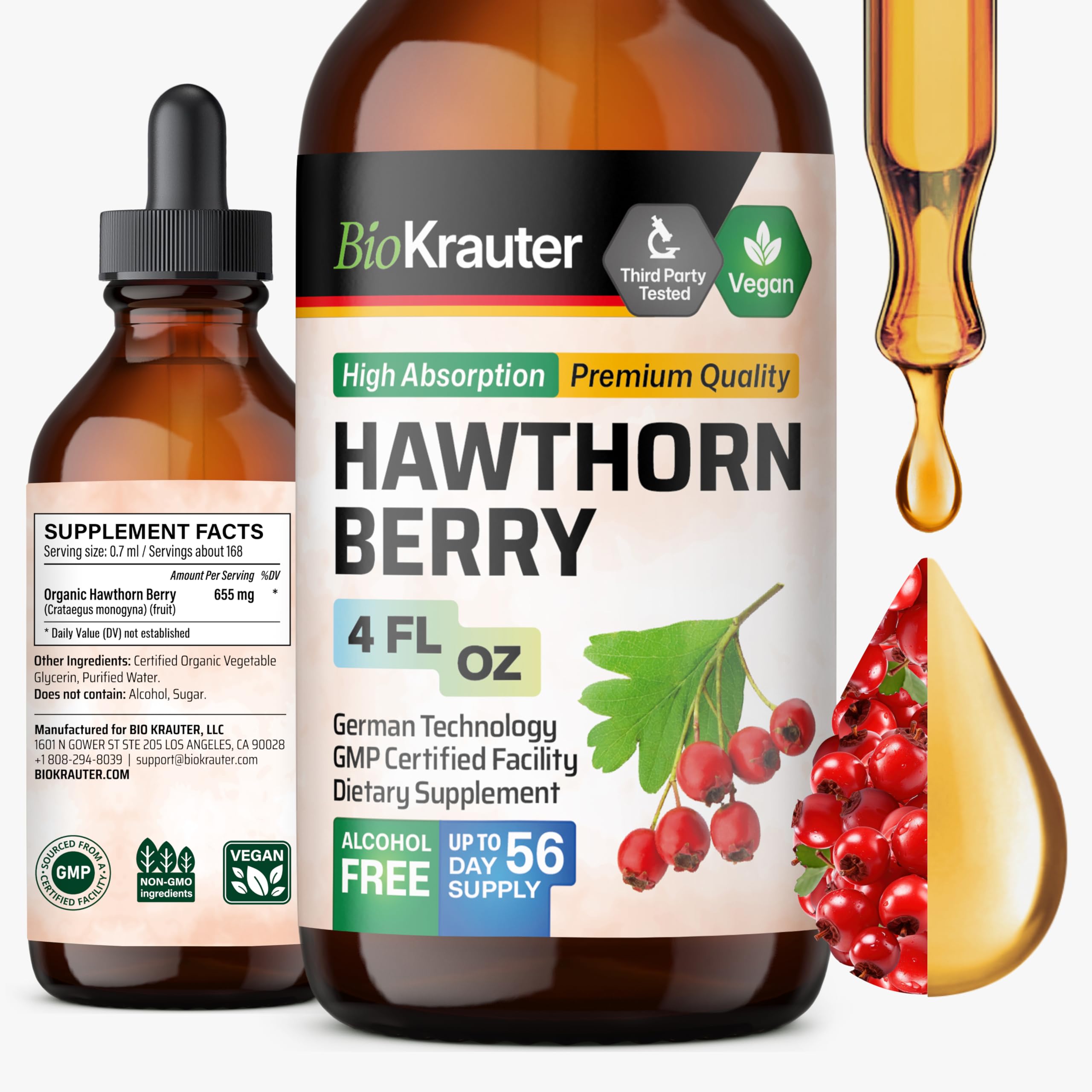 BIO KRAUTER Aubépine gouttes-bouteille montrant la présentation pratique et sans alcool
