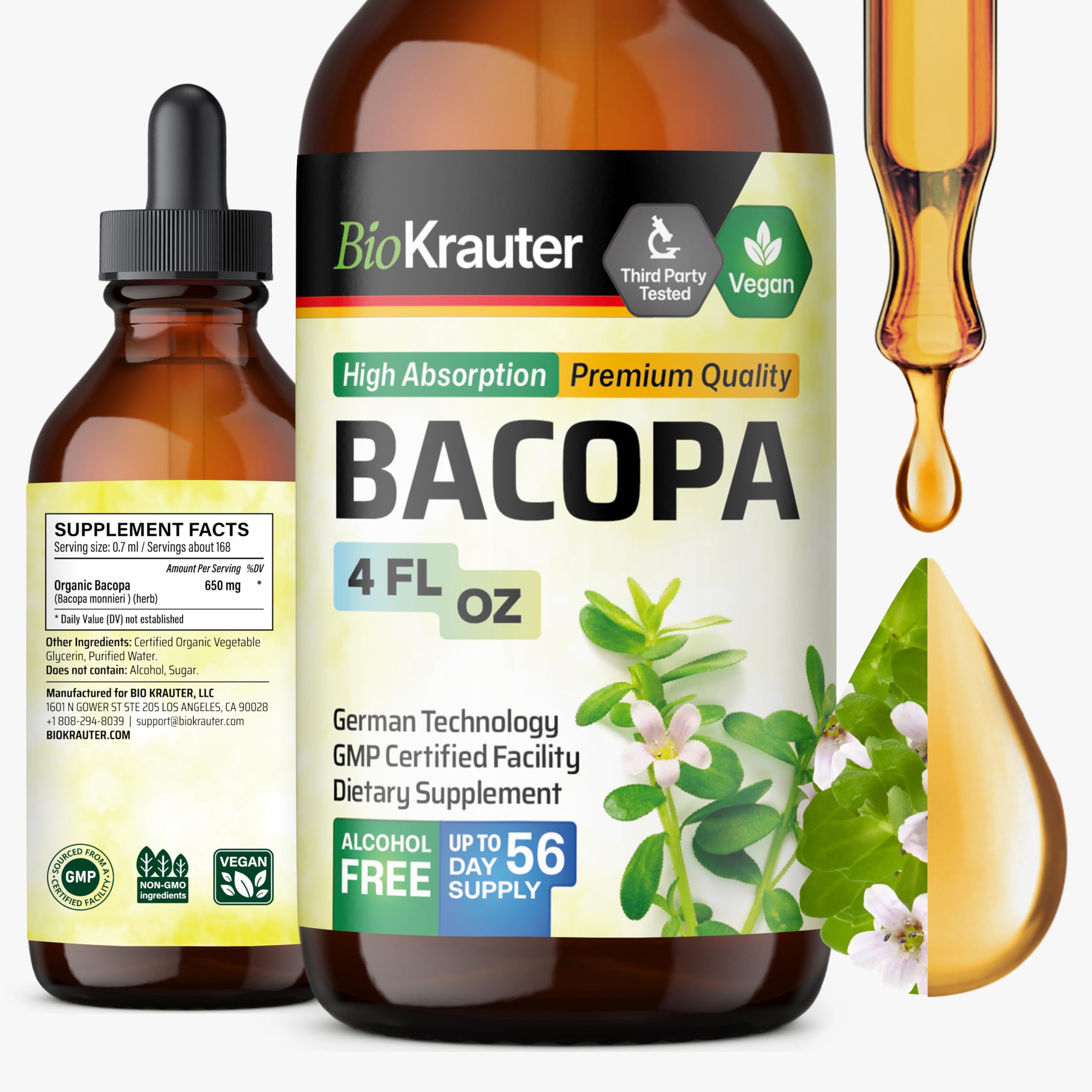BIO KRAUTER Bacopa Monnieri, bouteille de gouttes prête à l’emploi pour soutien cognitif