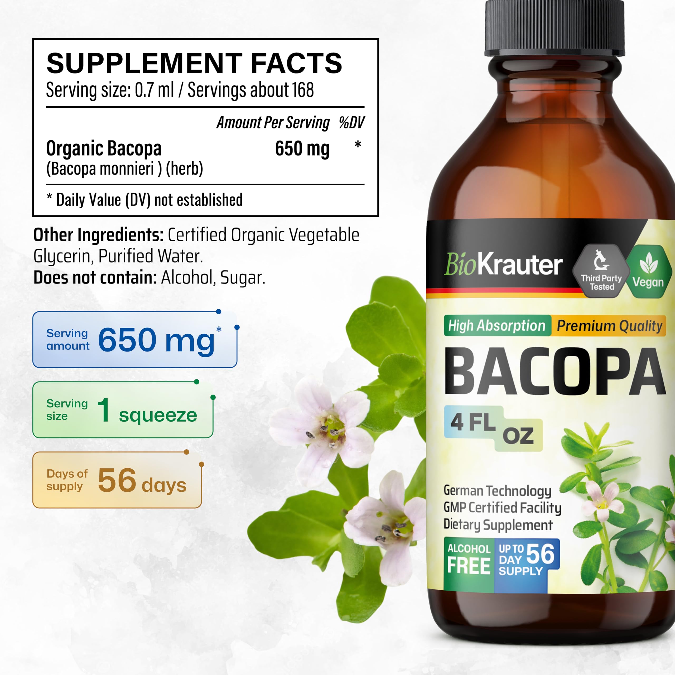 Goutte individuelle Bacopa Monnieri avec pipette pour dosage précis