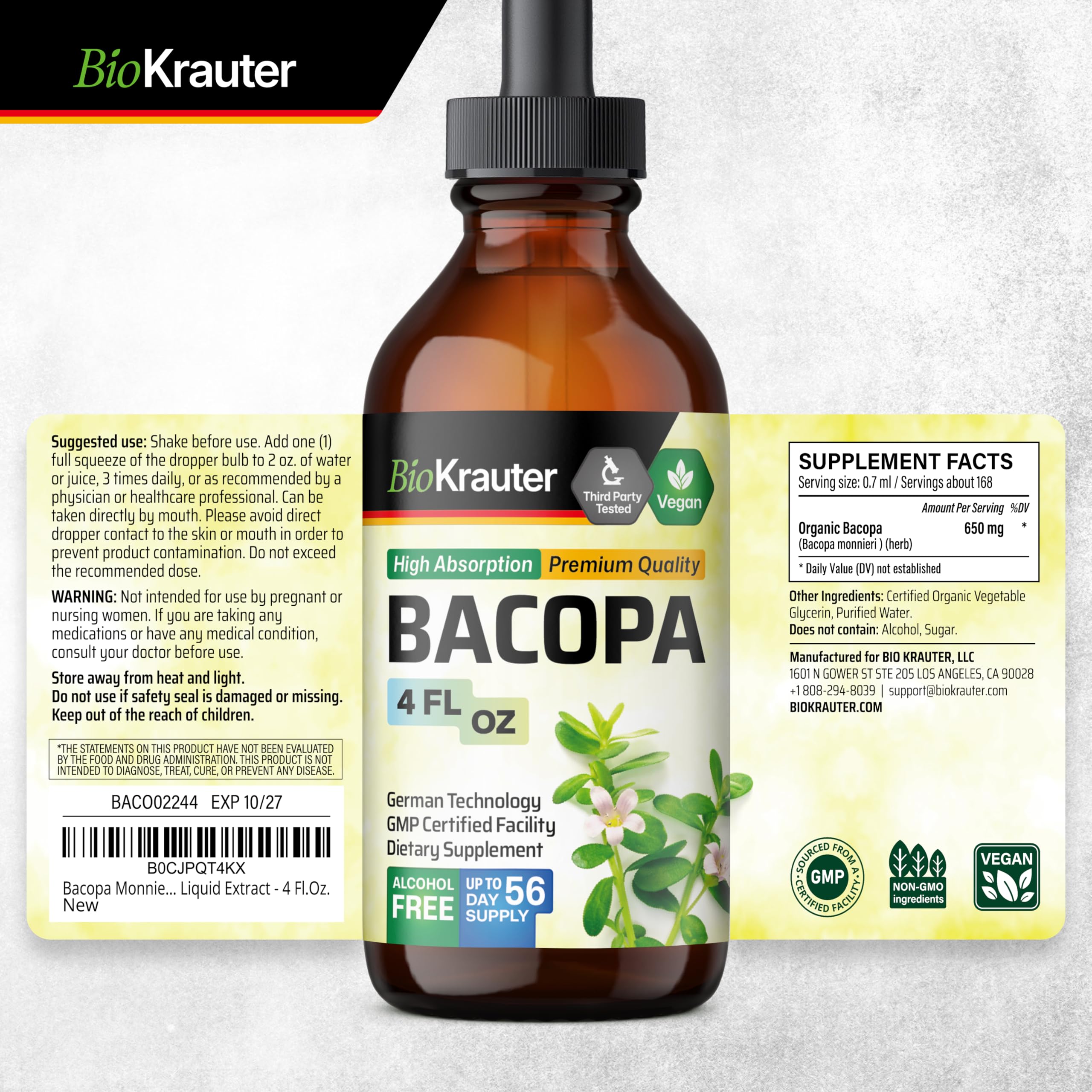 Emballage BIO KRAUTER Bacopa Monnieri, sans alcool et sans colorants