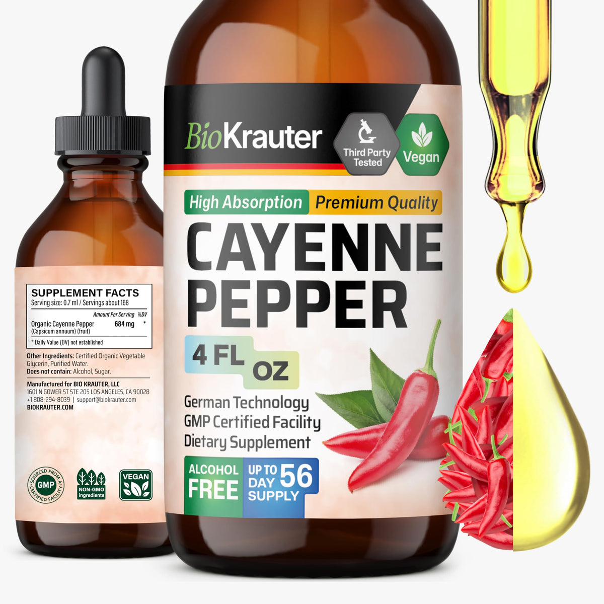 BIO KRAUTER Cayenne sur bouteille: soutien digestif potentiel au quotidien.