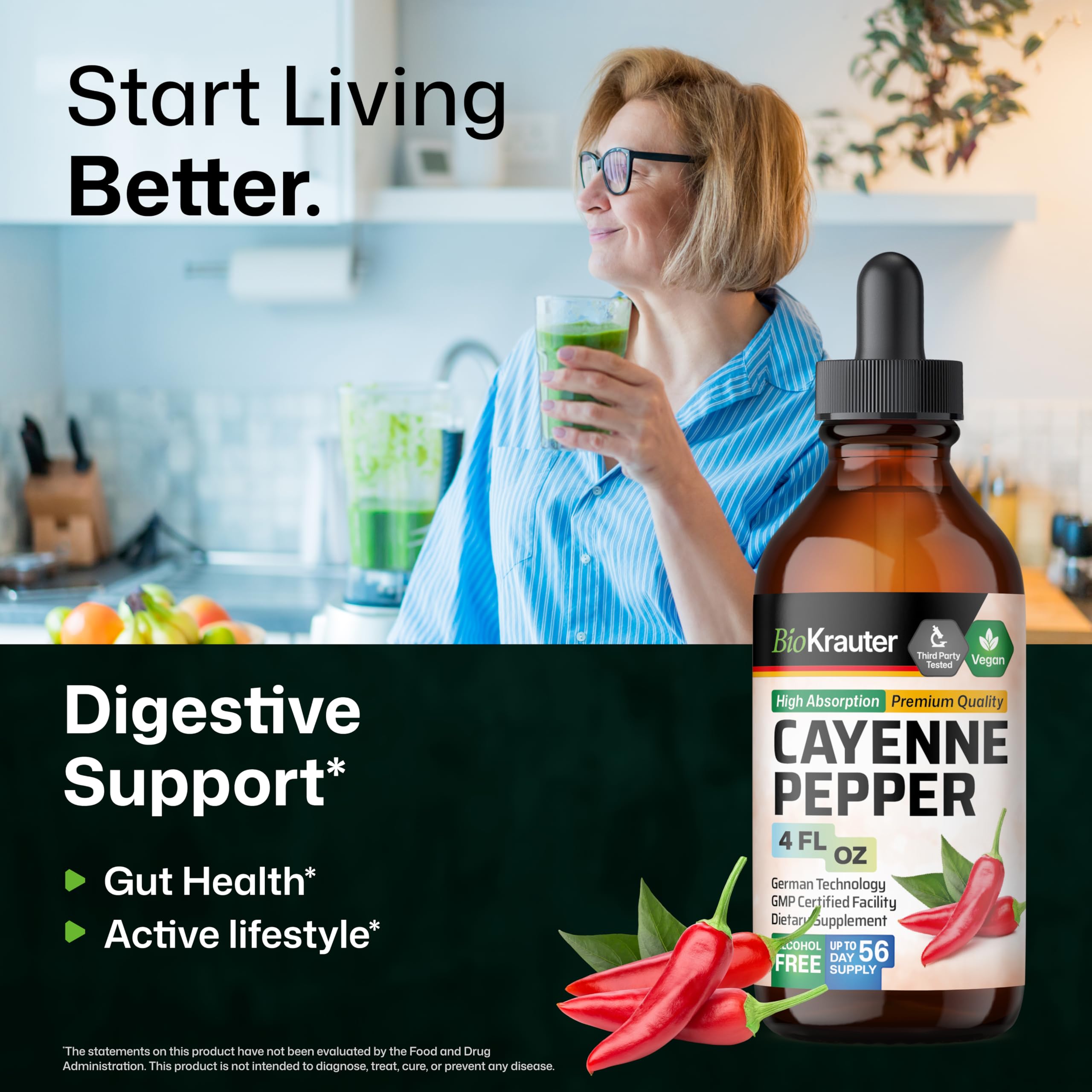 Gouttes BIO KRAUTER Cayenne versées dans l'eau offrent une expérience douce.