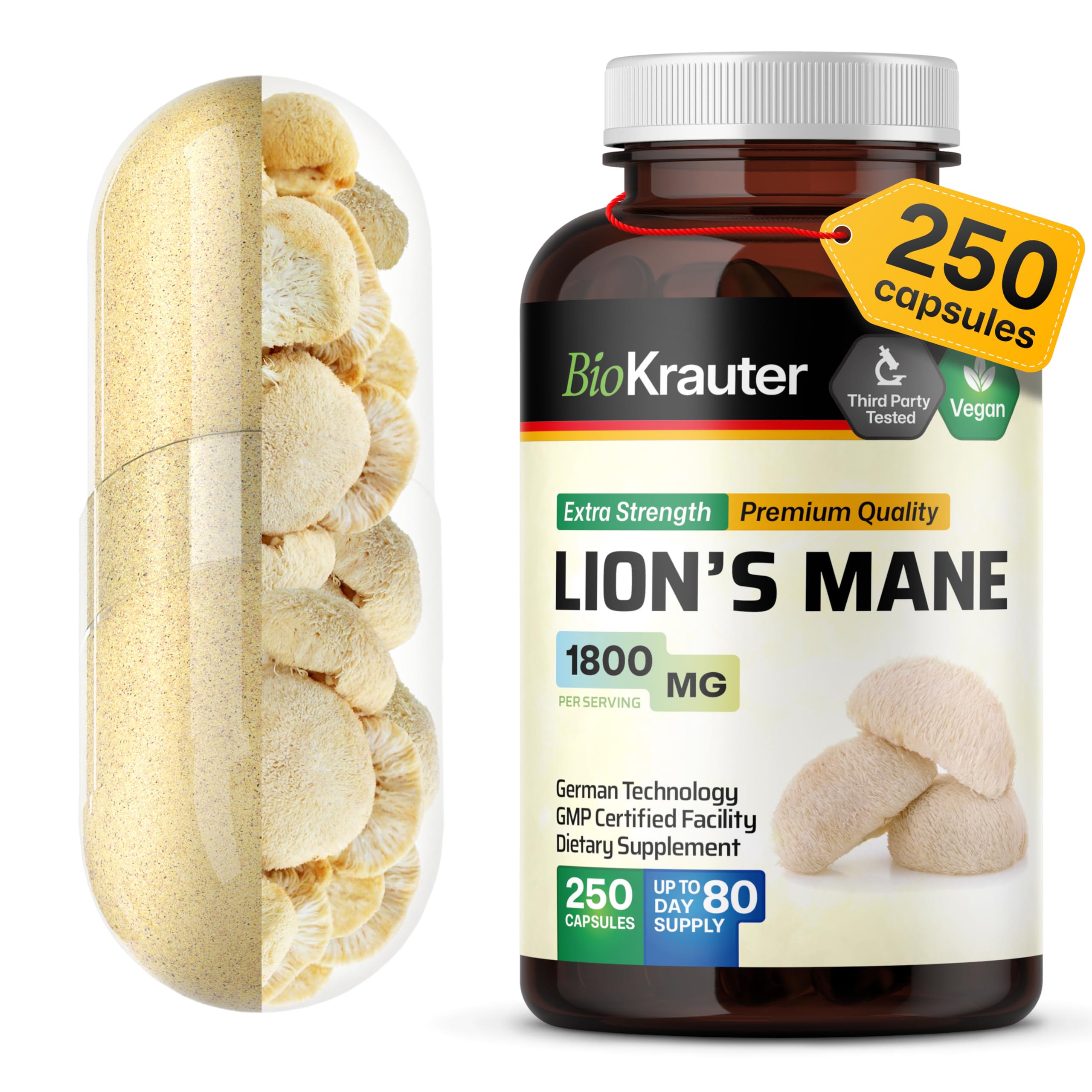 BIO KRAUTER Lions Mane, emballage visible, gélules 1800 mg pour un soutien potentiel à la concentration