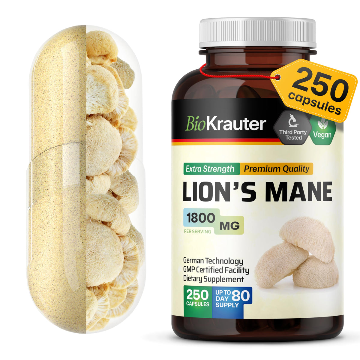 BIO KRAUTER Lions Mane, emballage visible, gélules 1800 mg pour un soutien potentiel à la concentration
