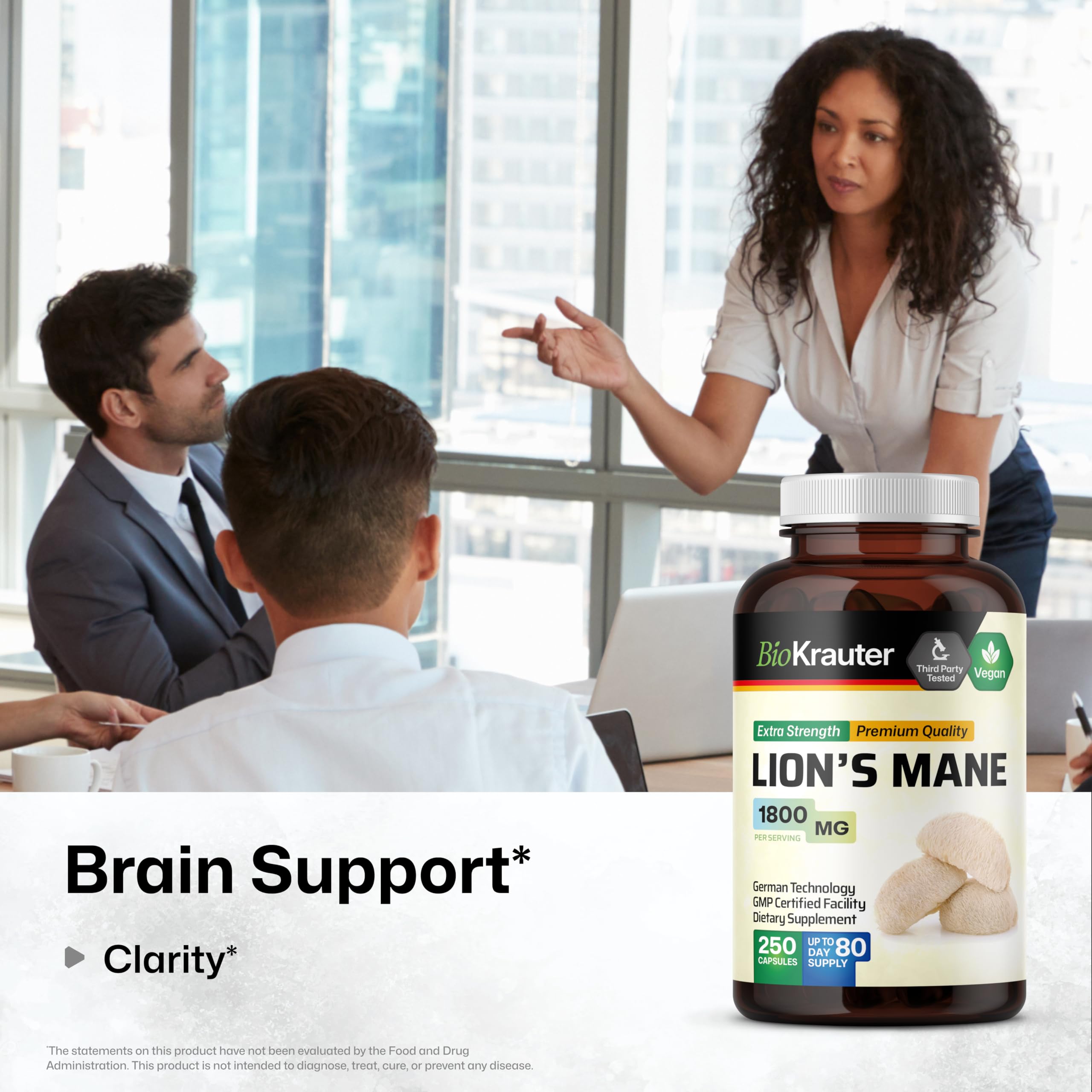 BIO KRAUTER Lions Mane, capsules simples, ingrédients naturels pour usage quotidien végane